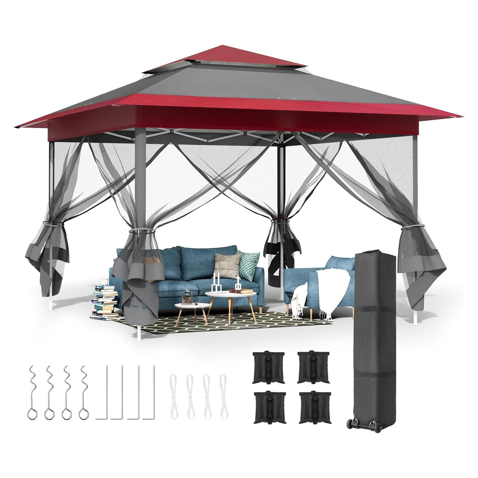 MAMIZO 11ft Pop Up Gazebo, Outdoor Instant Canopy Tent w/4 Netting Sidewall & Auto Extending Eave, Patio Gazebos Shelter w/Mesh Wall, Center Lock, Wheeled Bag for Garden, Yard (Red, 11X11FT)