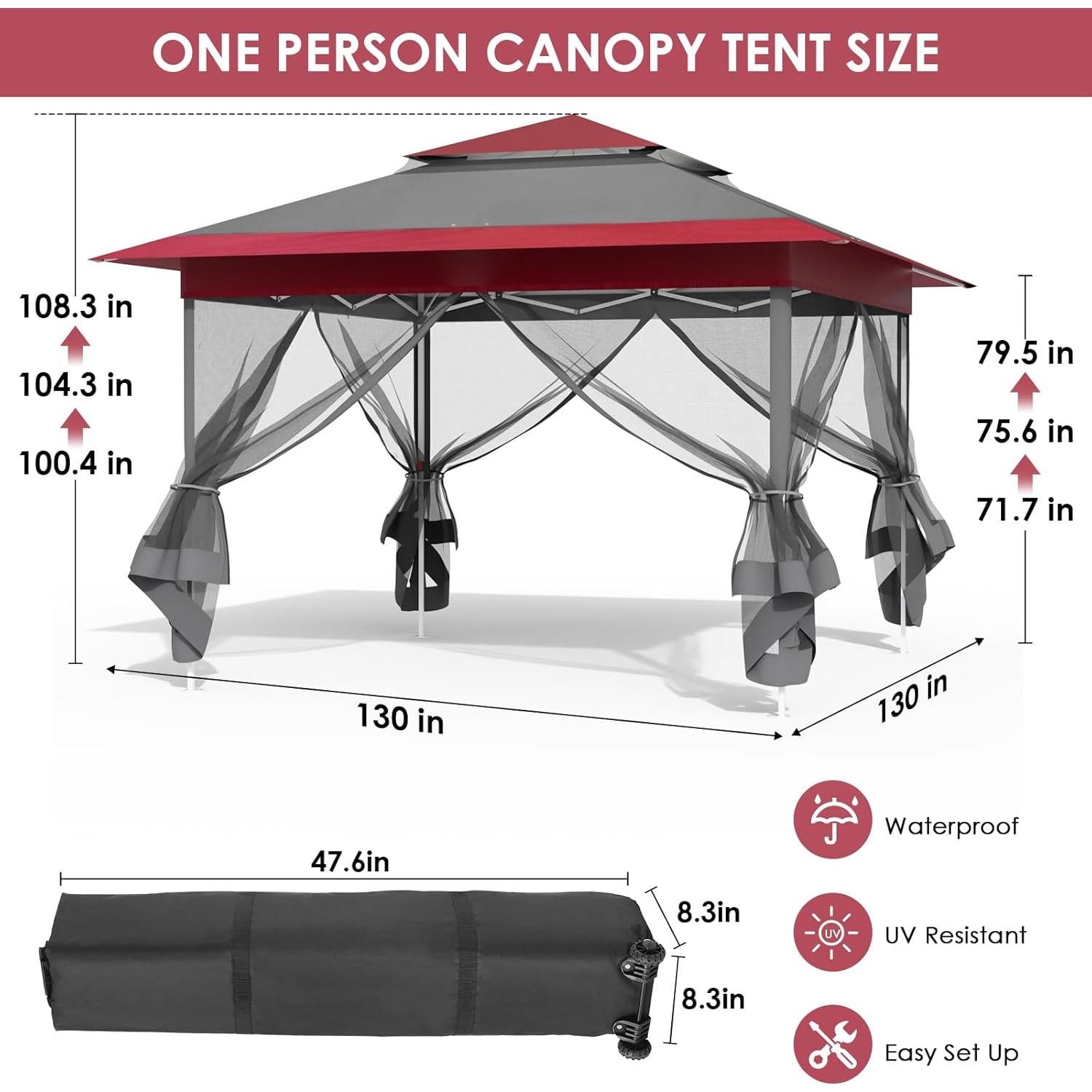 MAMIZO 11ft Pop Up Gazebo, Outdoor Instant Canopy Tent w/4 Netting Sidewall & Auto Extending Eave, Patio Gazebos Shelter w/Mesh Wall, Center Lock, Wheeled Bag for Garden, Yard (Red, 11X11FT)