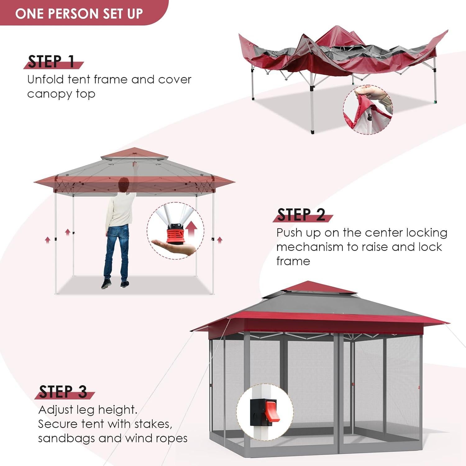 MAMIZO 11ft Pop Up Gazebo, Outdoor Instant Canopy Tent w/4 Netting Sidewall & Auto Extending Eave, Patio Gazebos Shelter w/Mesh Wall, Center Lock, Wheeled Bag for Garden, Yard (Red, 11X11FT)