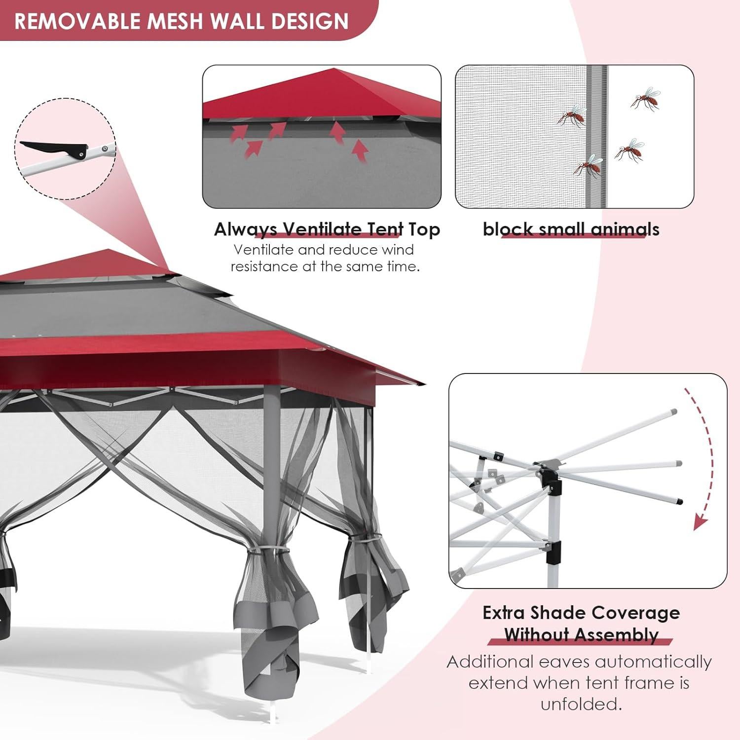 MAMIZO 11ft Pop Up Gazebo, Outdoor Instant Canopy Tent w/4 Netting Sidewall & Auto Extending Eave, Patio Gazebos Shelter w/Mesh Wall, Center Lock, Wheeled Bag for Garden, Yard (Red, 11X11FT)