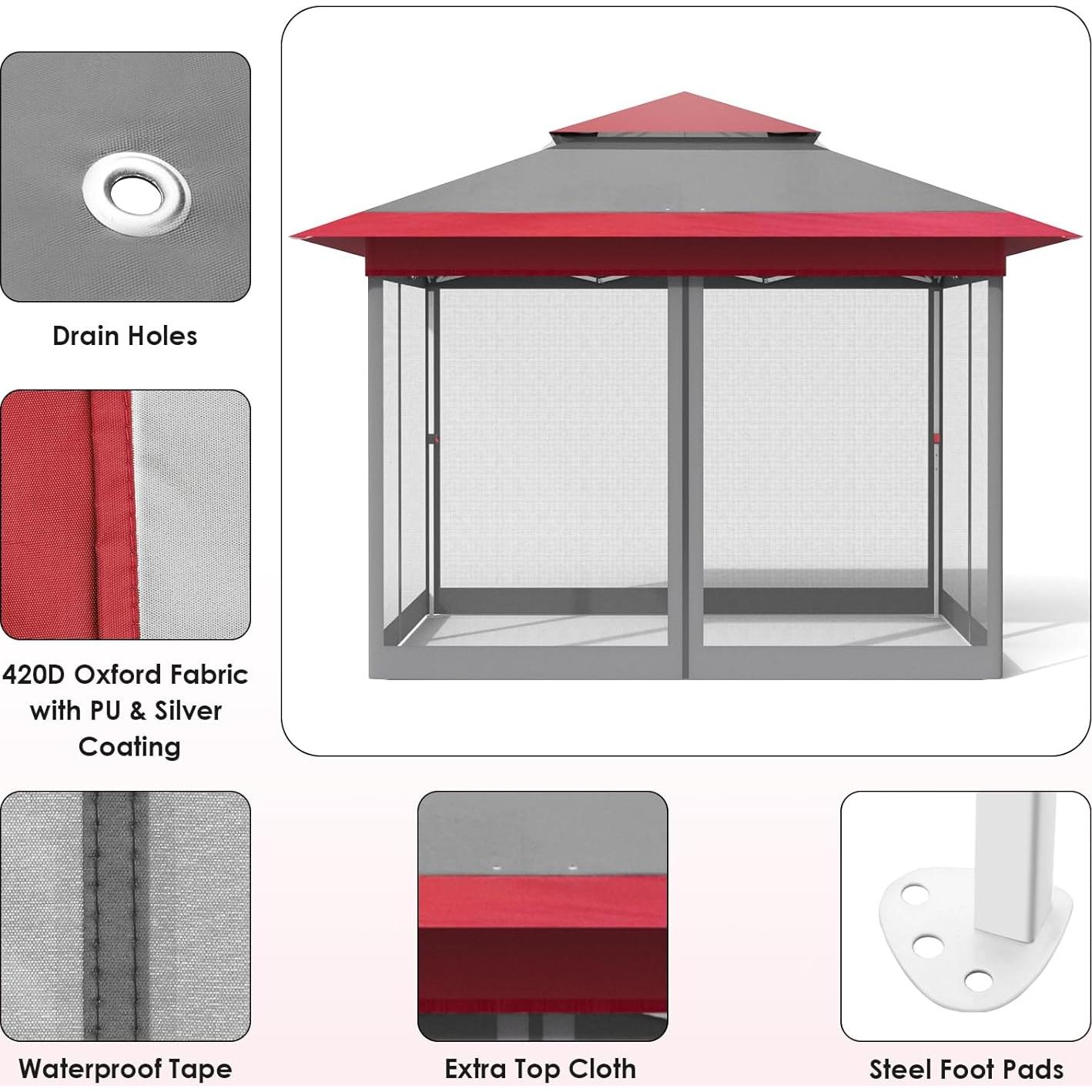 MAMIZO 11ft Pop Up Gazebo, Outdoor Instant Canopy Tent w/4 Netting Sidewall & Auto Extending Eave, Patio Gazebos Shelter w/Mesh Wall, Center Lock, Wheeled Bag for Garden, Yard (Red, 11X11FT)
