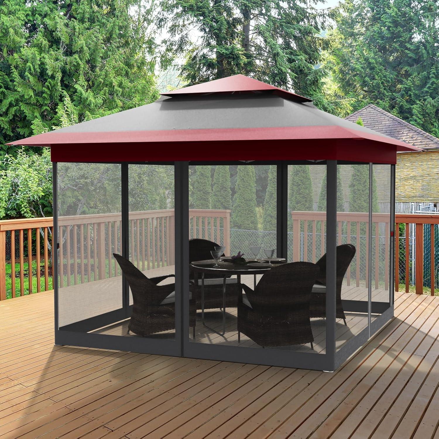 MAMIZO 11ft Pop Up Gazebo, Outdoor Instant Canopy Tent w/4 Netting Sidewall & Auto Extending Eave, Patio Gazebos Shelter w/Mesh Wall, Center Lock, Wheeled Bag for Garden, Yard (Red, 11X11FT)