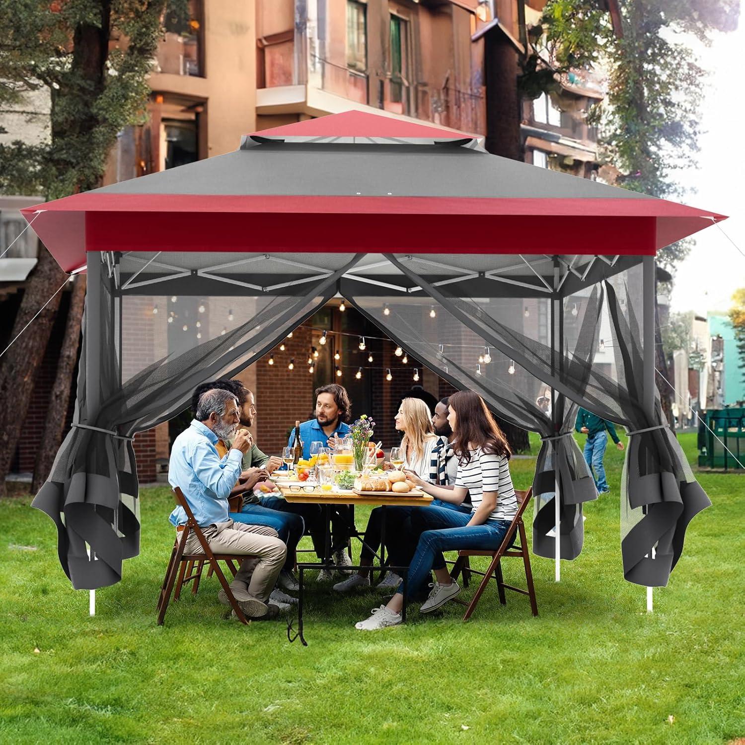 MAMIZO 11ft Pop Up Gazebo, Outdoor Instant Canopy Tent w/4 Netting Sidewall & Auto Extending Eave, Patio Gazebos Shelter w/Mesh Wall, Center Lock, Wheeled Bag for Garden, Yard (Red, 11X11FT)