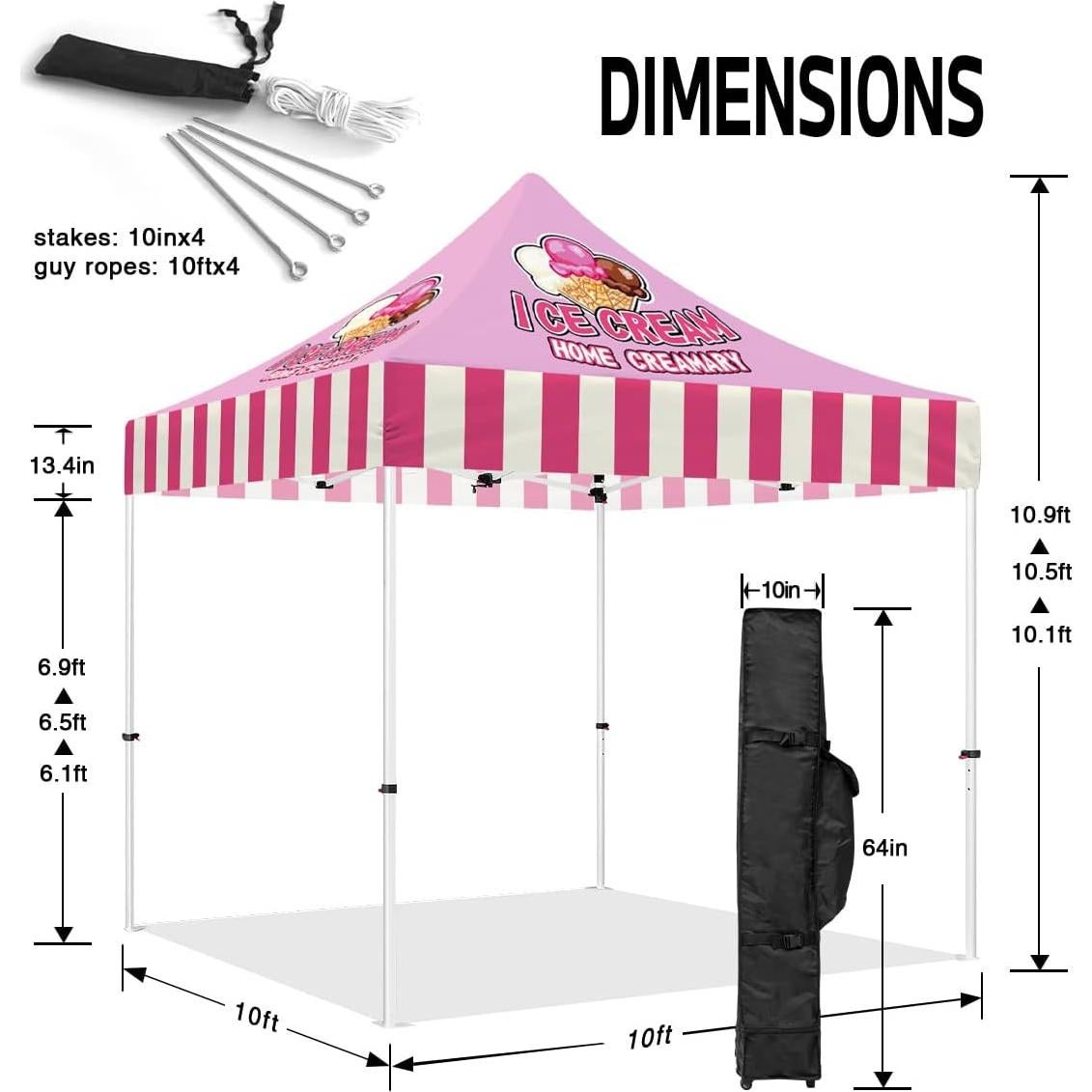 Custom Canopy Tent 10x10 with Logo, Personalized Pop Up Canopy Tent with Optional Walls for Business Events, Trade Shows, Farmers Market, Roller Bag Included(Demo ICE Cream)