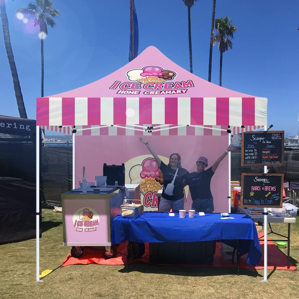 Custom Canopy Tent 10x10 with Logo, Personalized Pop Up Canopy Tent with Optional Walls for Business Events, Trade Shows, Farmers Market, Roller Bag Included(Demo ICE Cream)