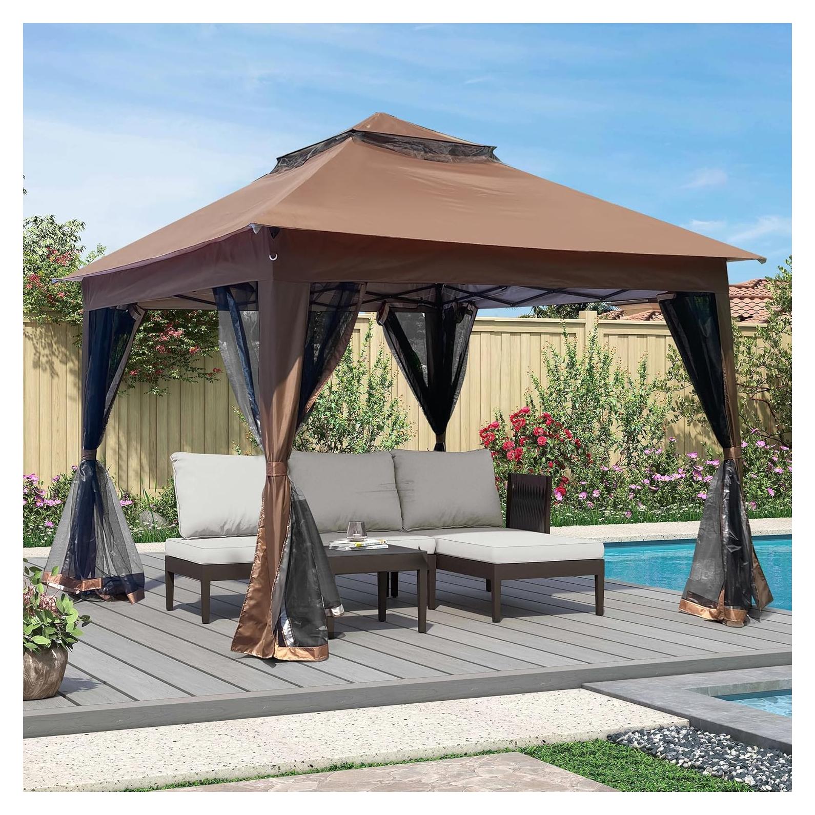 Spacious Outdoor Gazebo Canopy Tent with Removable Netting, 11x11 Ft, Durable Brown Polyester for Events and Backyard Use