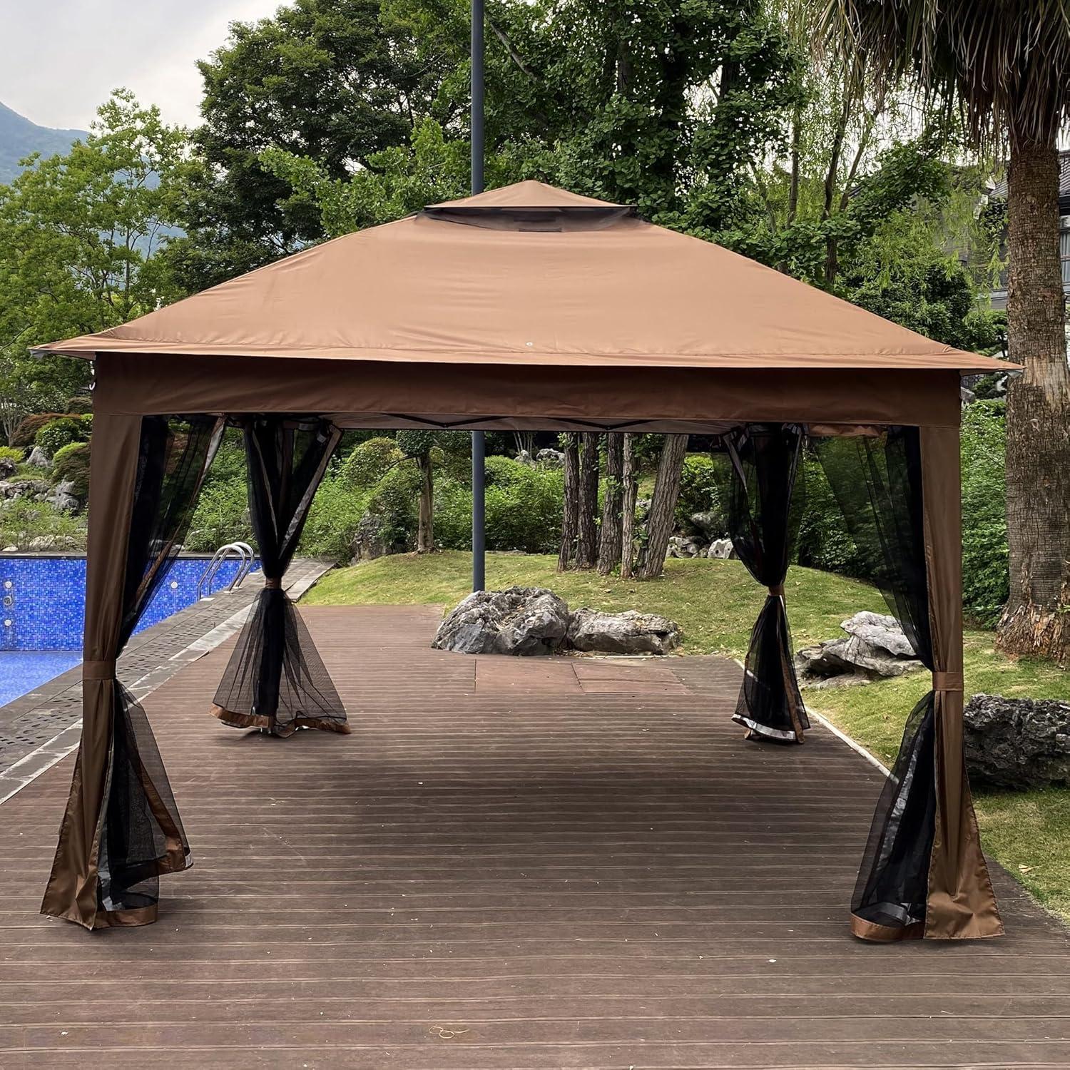 Spacious Outdoor Gazebo Canopy Tent with Removable Netting, 11x11 Ft, Durable Brown Polyester for Events and Backyard Use