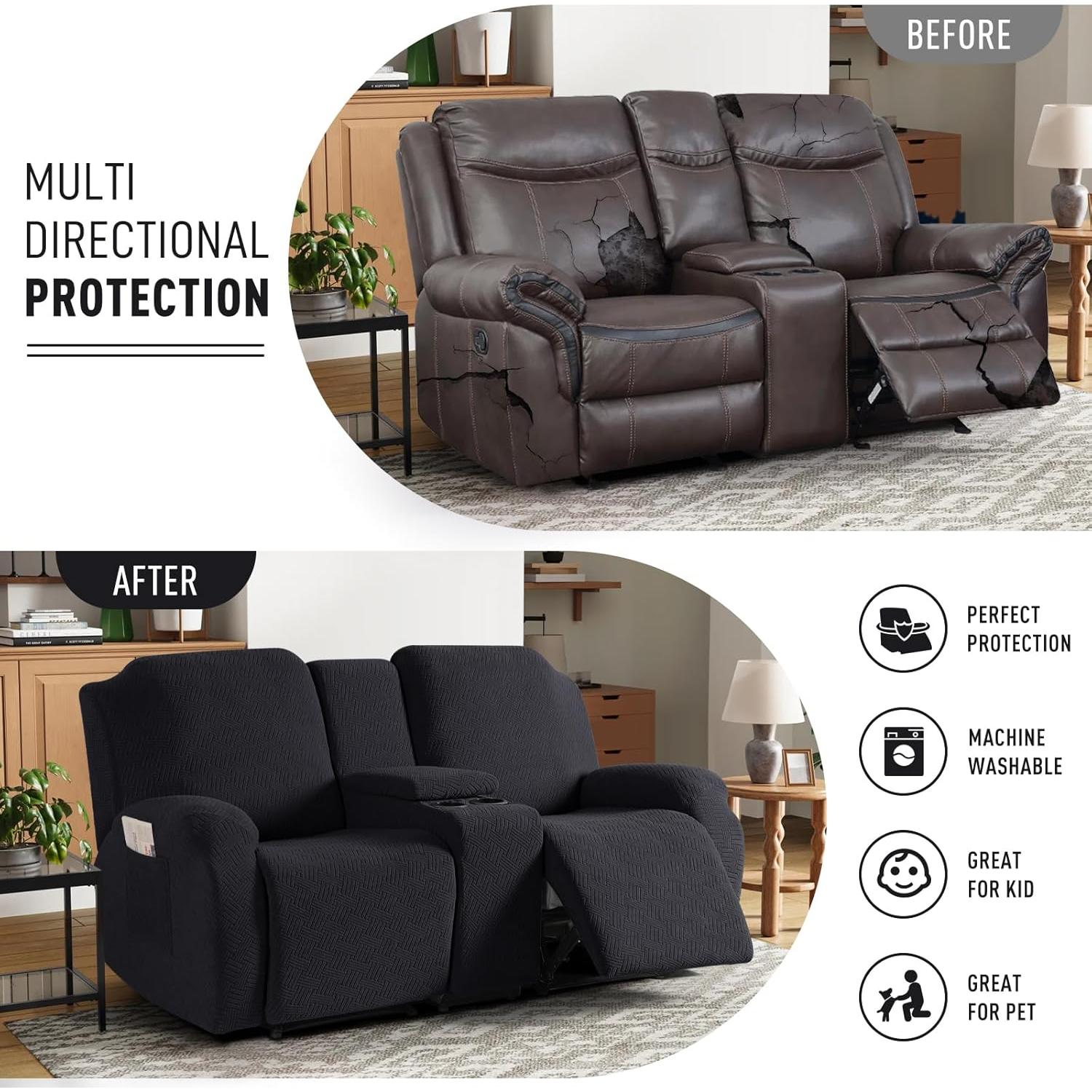Cubierta Loveseat Recliner KinCam 2 Asientos Consola Negra