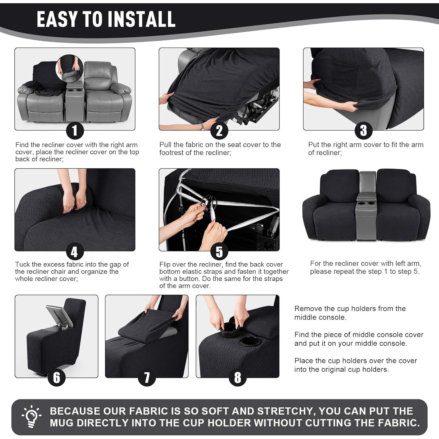 Cubierta Loveseat Recliner KinCam 2 Asientos Consola Negra