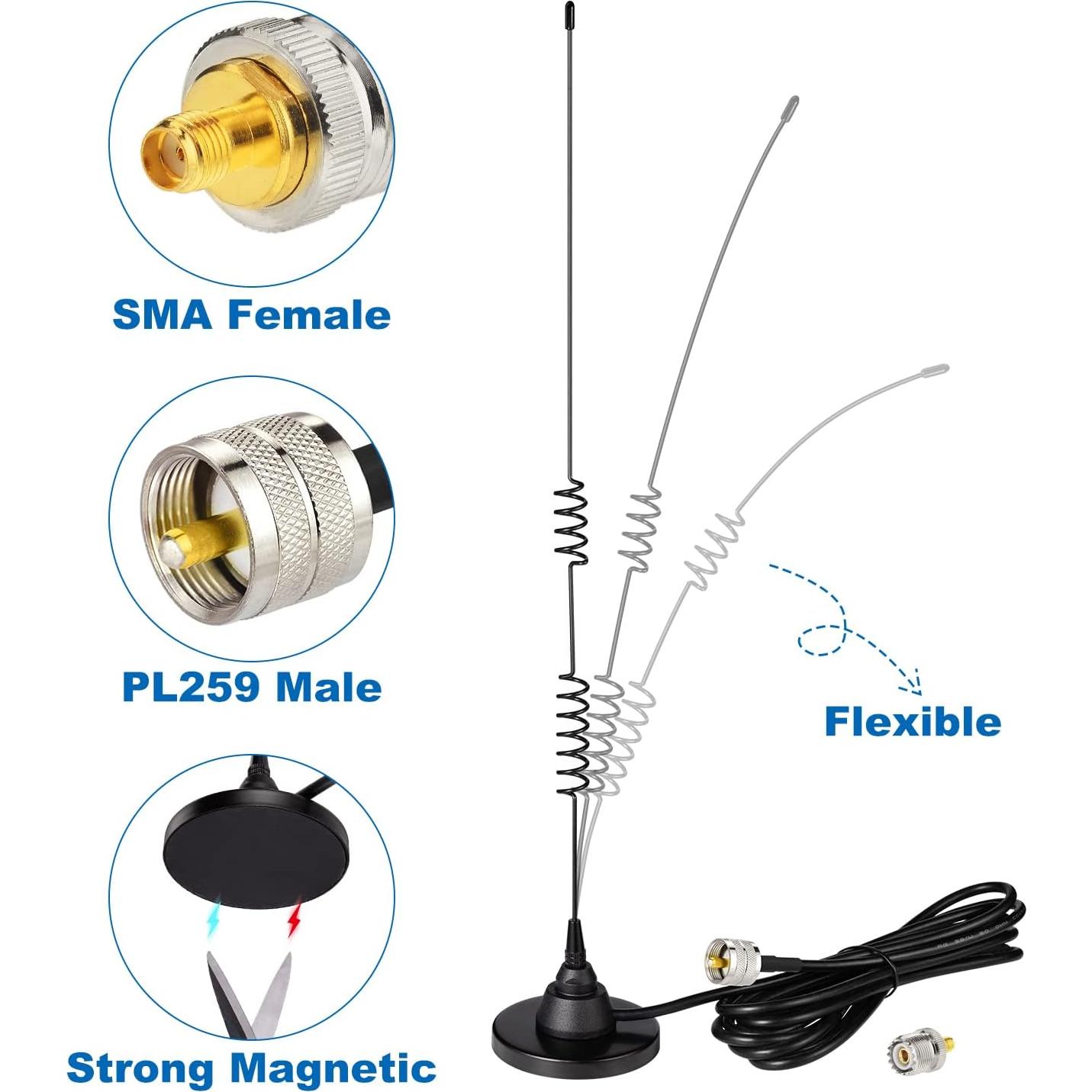 Bingfu Mobile Ham Radio Antenna Dual Band VHF UHF 136-174MHz 400-520MHz Magnetic Base PL259 Male Antenna for BTECH ICOM Midland Yaesu TYT AnyTone Amateur Mobile Ham Radio