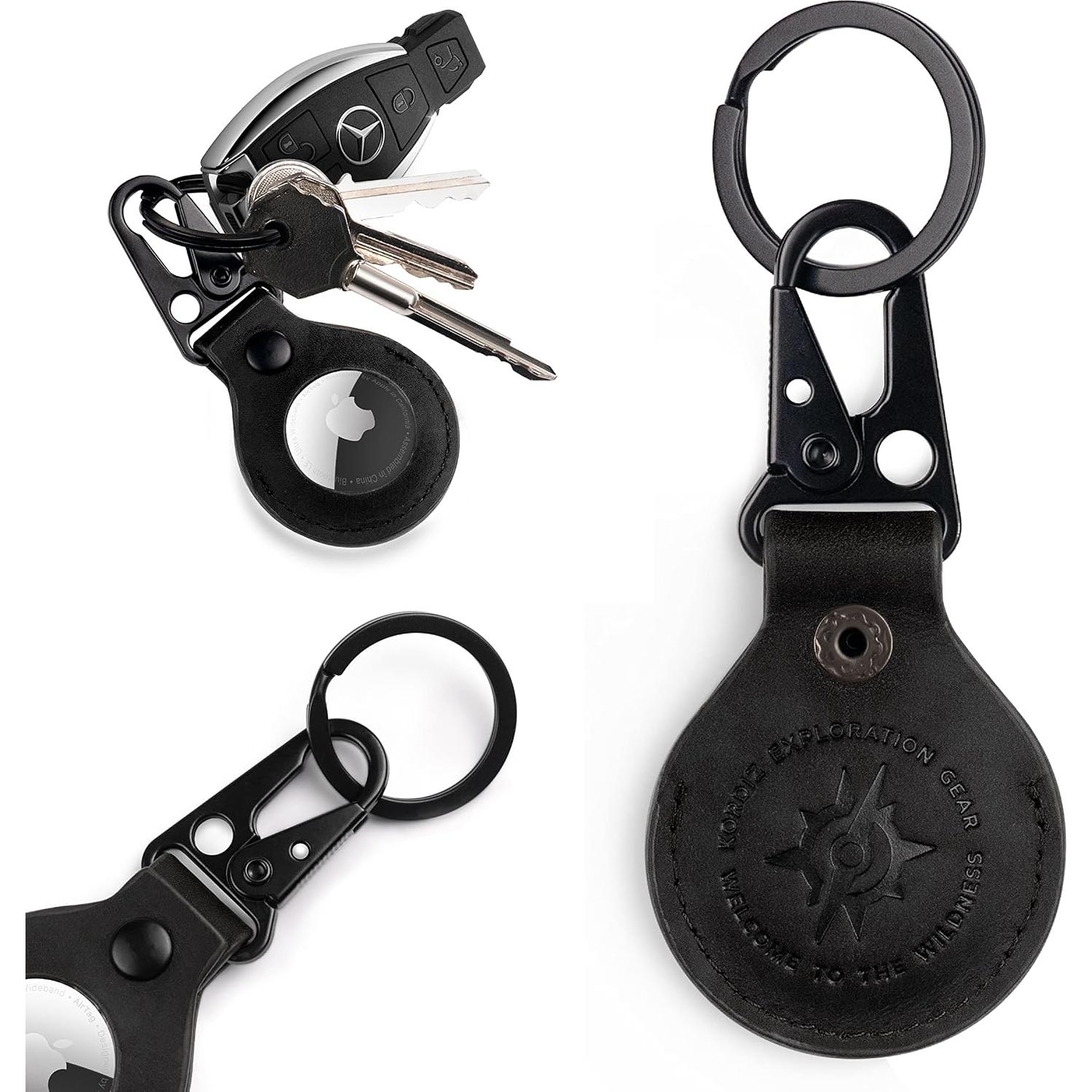 Funda de cuero KORDIZ para AirTag con llavero - Negro