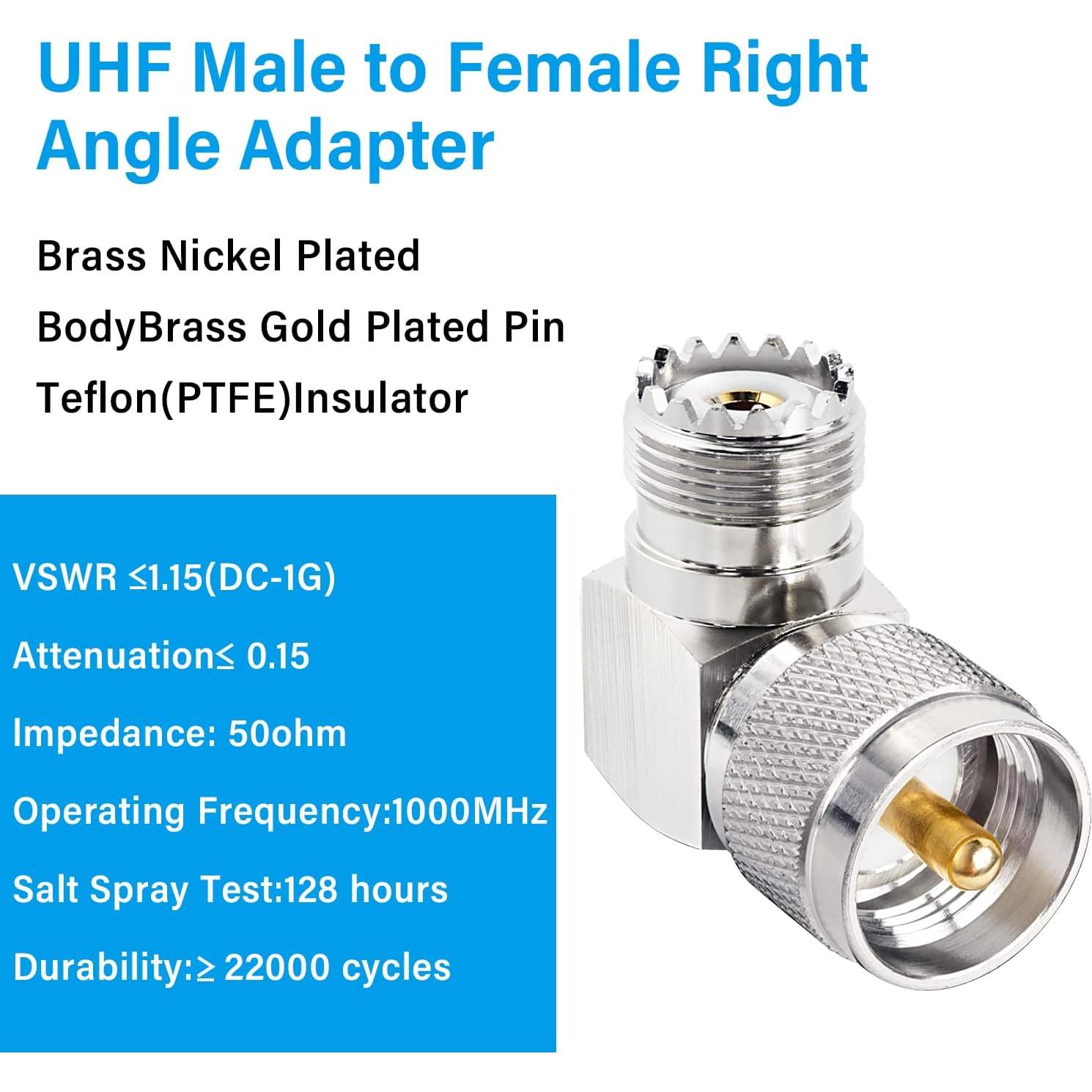 Adaptador de ángulo recto PL259 macho a UHF hembra - 2 unidades