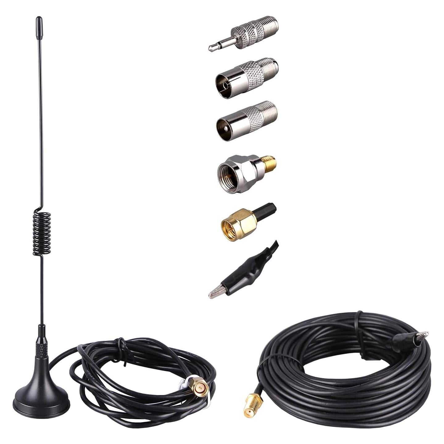 Portable Radio Signal Antenna SMA-Male, Outdoor TV FM Stereo Antenna,33Ft Ultra-Low Loss Coax Signal Extension Cable with 6pcs Universal Antenna Adapter for FM Radio Portable TV