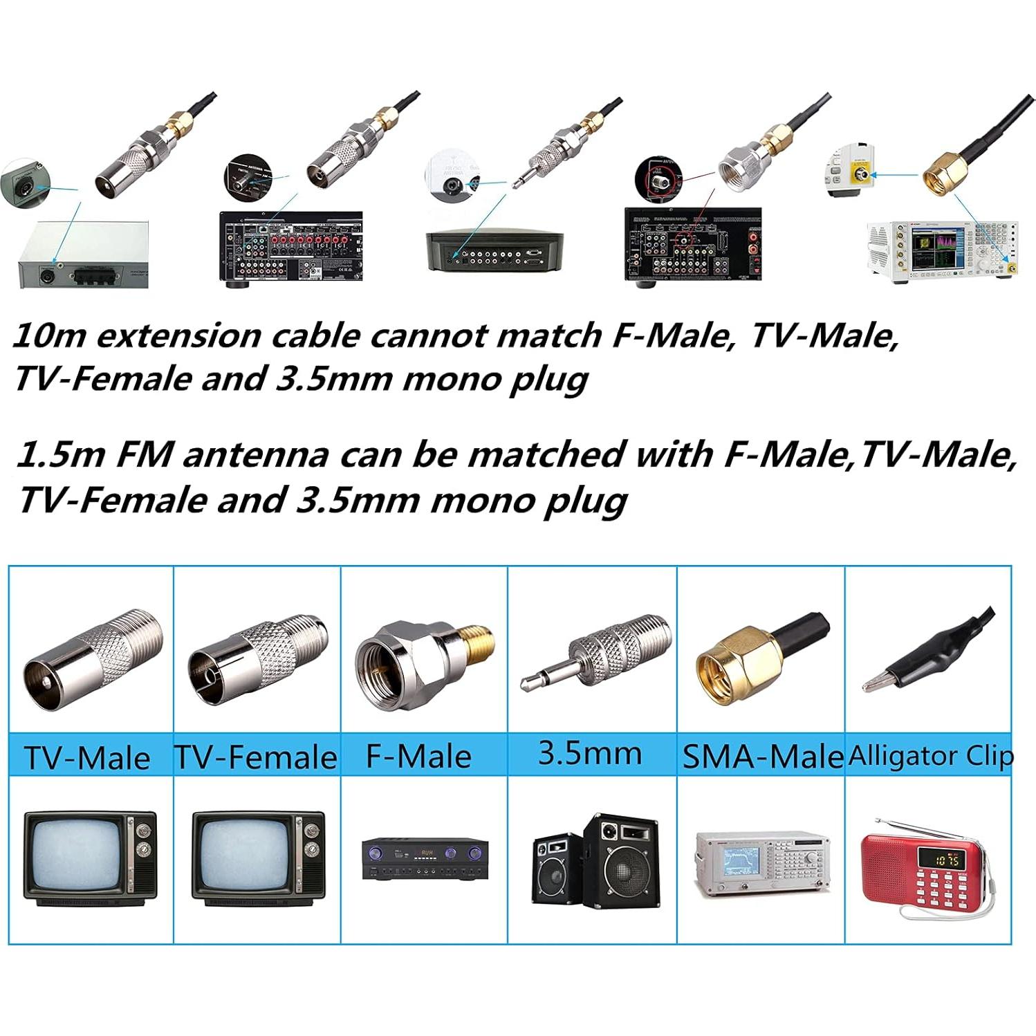 Portable Radio Signal Antenna SMA-Male, Outdoor TV FM Stereo Antenna,33Ft Ultra-Low Loss Coax Signal Extension Cable with 6pcs Universal Antenna Adapter for FM Radio Portable TV