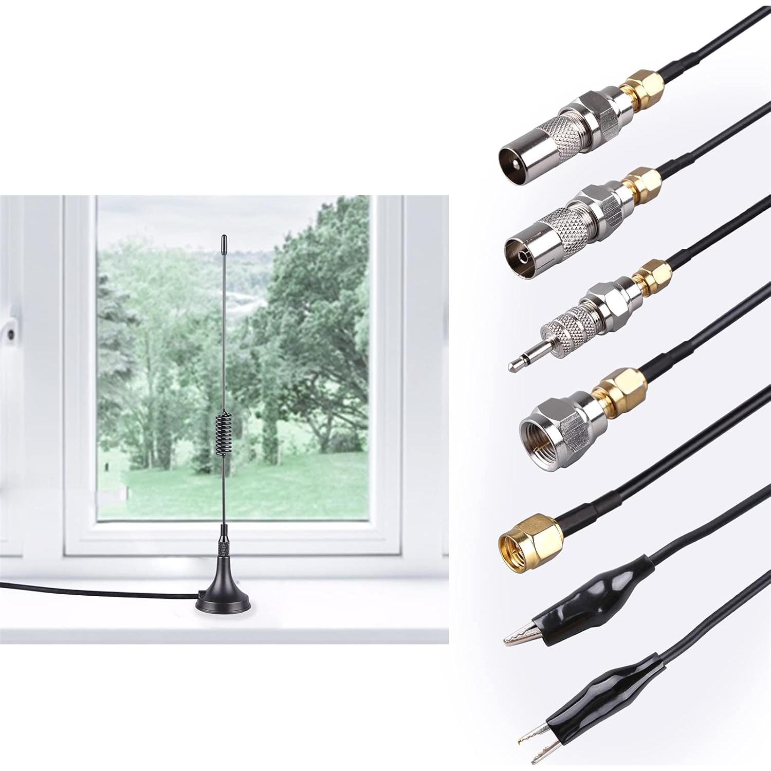 Portable Radio Signal Antenna SMA-Male, Outdoor TV FM Stereo Antenna,33Ft Ultra-Low Loss Coax Signal Extension Cable with 6pcs Universal Antenna Adapter for FM Radio Portable TV