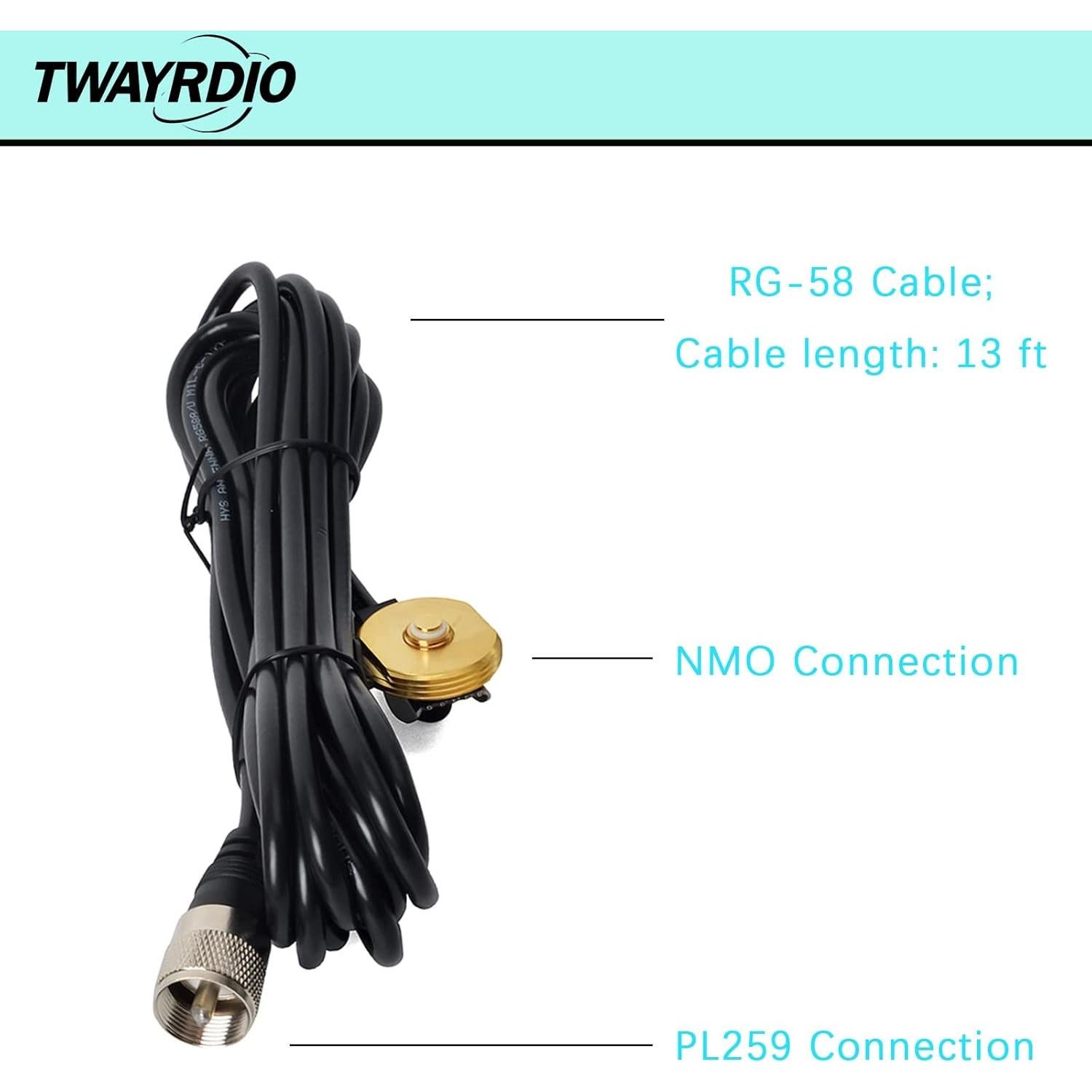 Antena NMO Dual Banda VHF UHF 43cm TWAYRDIO con Soporte y Cable