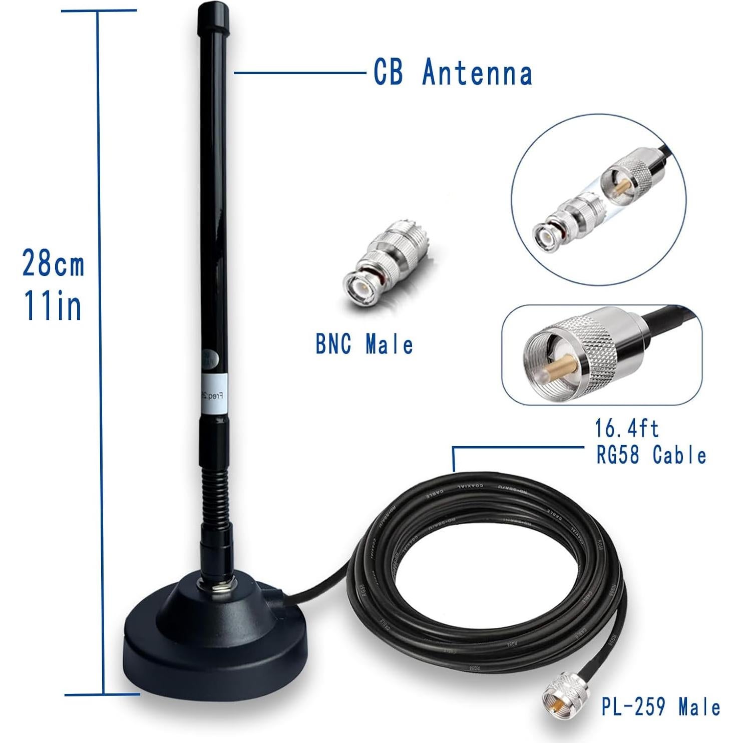 Antena CB Magnética GTOMNI 27MHz con Cable RG58 5m y Adaptador BNC