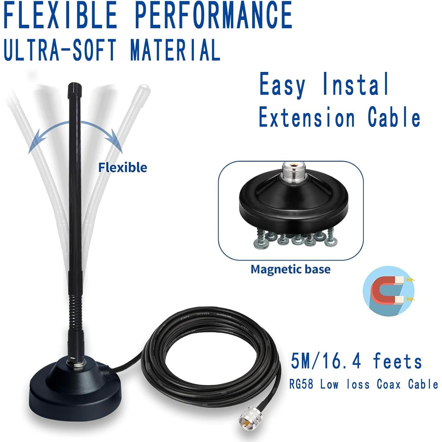 Antena CB Magnética GTOMNI 27MHz con Cable RG58 5m y Adaptador BNC