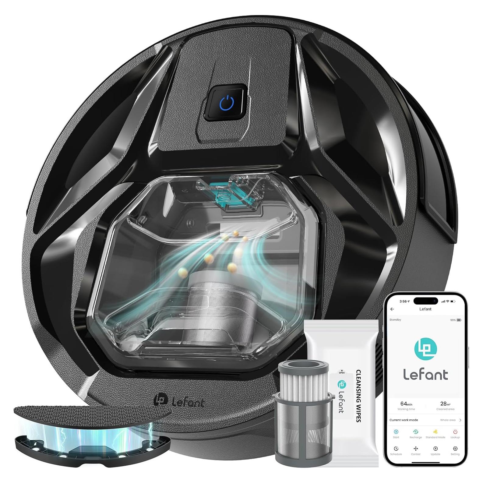 Lefant M320 Robot Vacuum Cleaner, Carpet Detection, 6,000 Pa Suction, Low Noise, 800ml Visible Dustbin, 210 Mins Runtime, Self-Charging, Works with Alexa, Ideal for Hard Floor, Pet Hair, Black