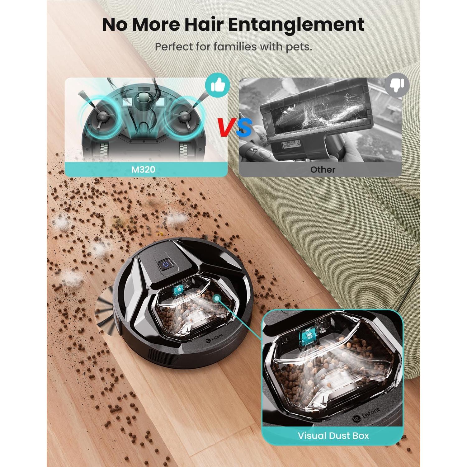 Lefant M320 Robot Vacuum Cleaner, Carpet Detection, 6,000 Pa Suction, Low Noise, 800ml Visible Dustbin, 210 Mins Runtime, Self-Charging, Works with Alexa, Ideal for Hard Floor, Pet Hair, Black