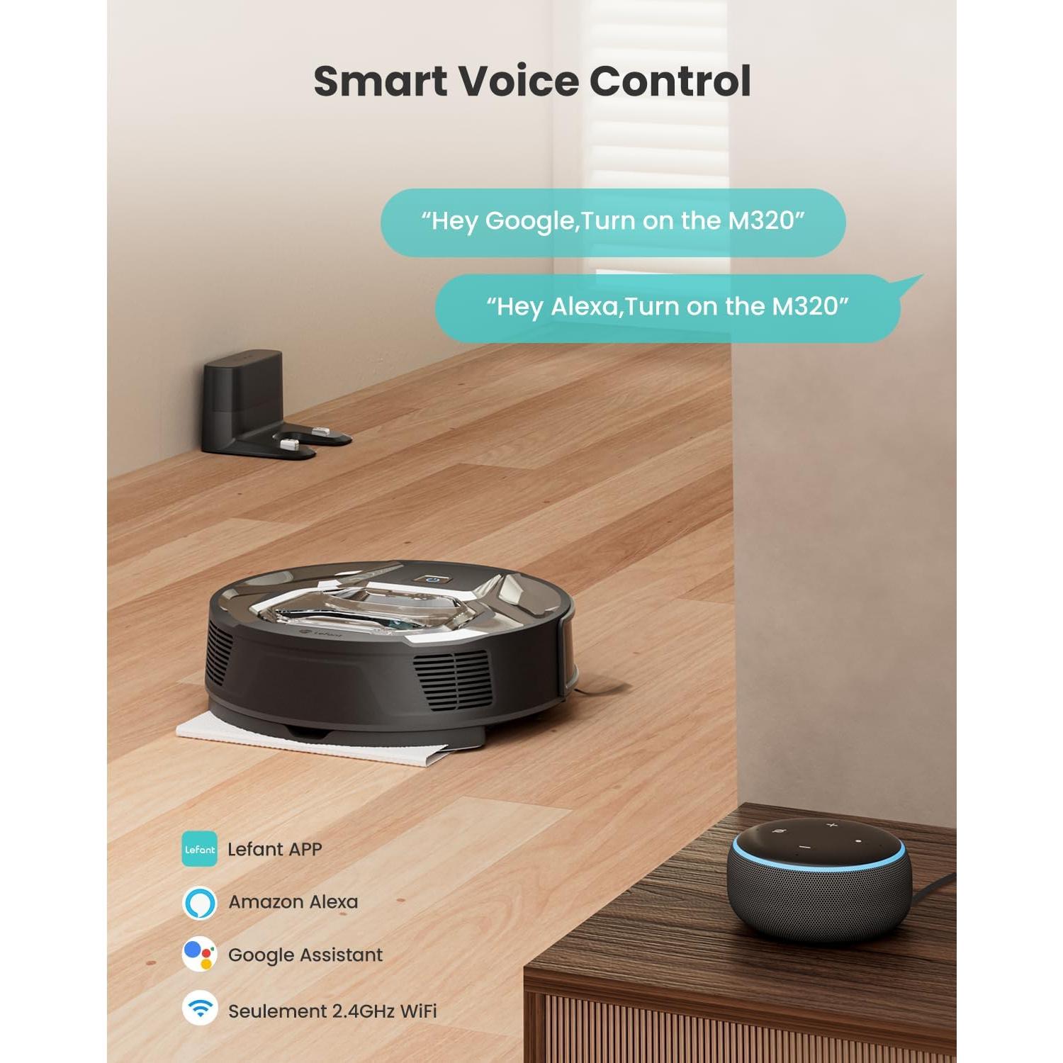 Lefant M320 Robot Vacuum Cleaner, Carpet Detection, 6,000 Pa Suction, Low Noise, 800ml Visible Dustbin, 210 Mins Runtime, Self-Charging, Works with Alexa, Ideal for Hard Floor, Pet Hair, Black