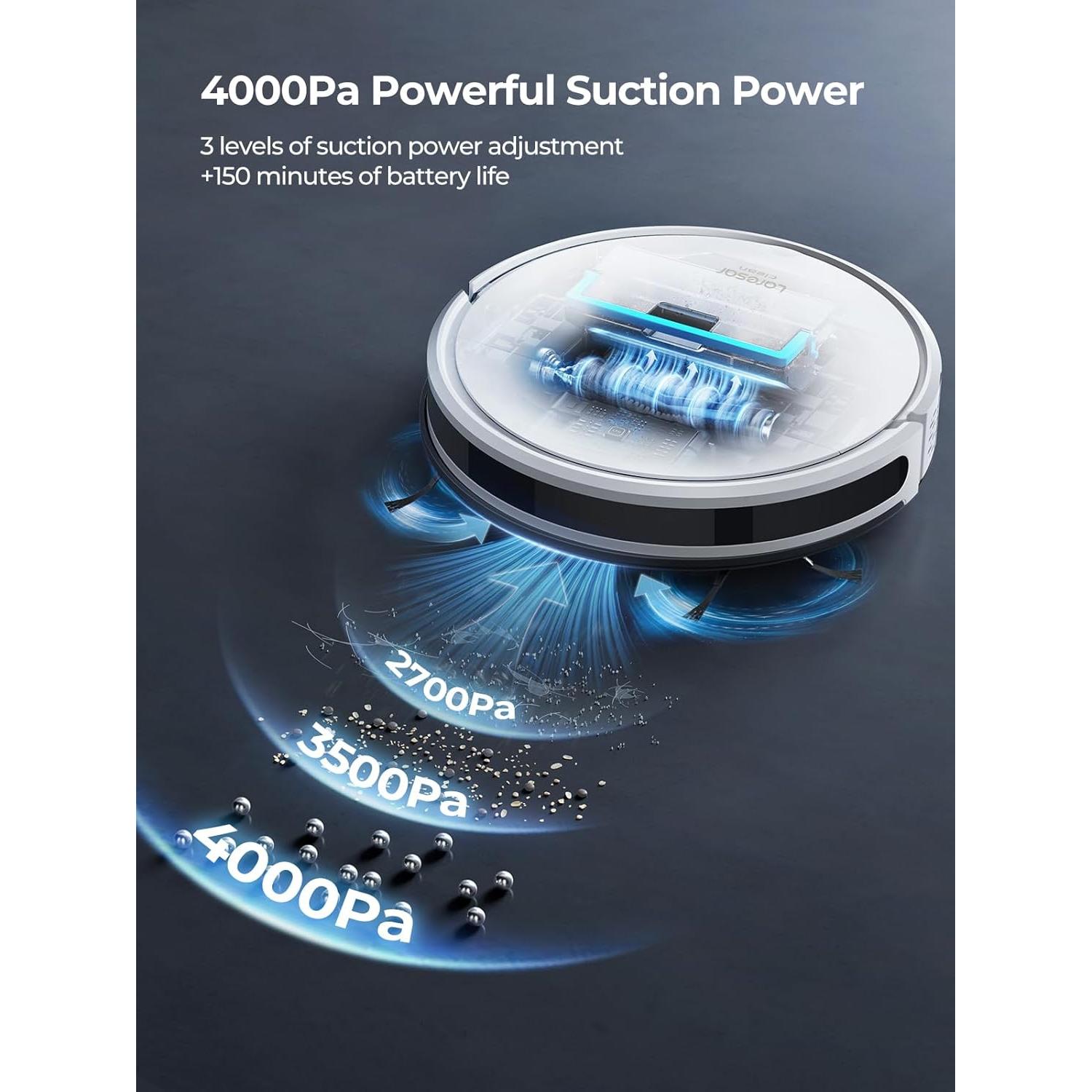 Robot Vacuum and Mop 4000Pa Suction, 3 in 1 Robotic Vacuums with Self-Charging, 150mins Runtime, App/Remote/Voice Control, Robot Vacuum for Pet Hair, Carpet, Hard Floor(White)