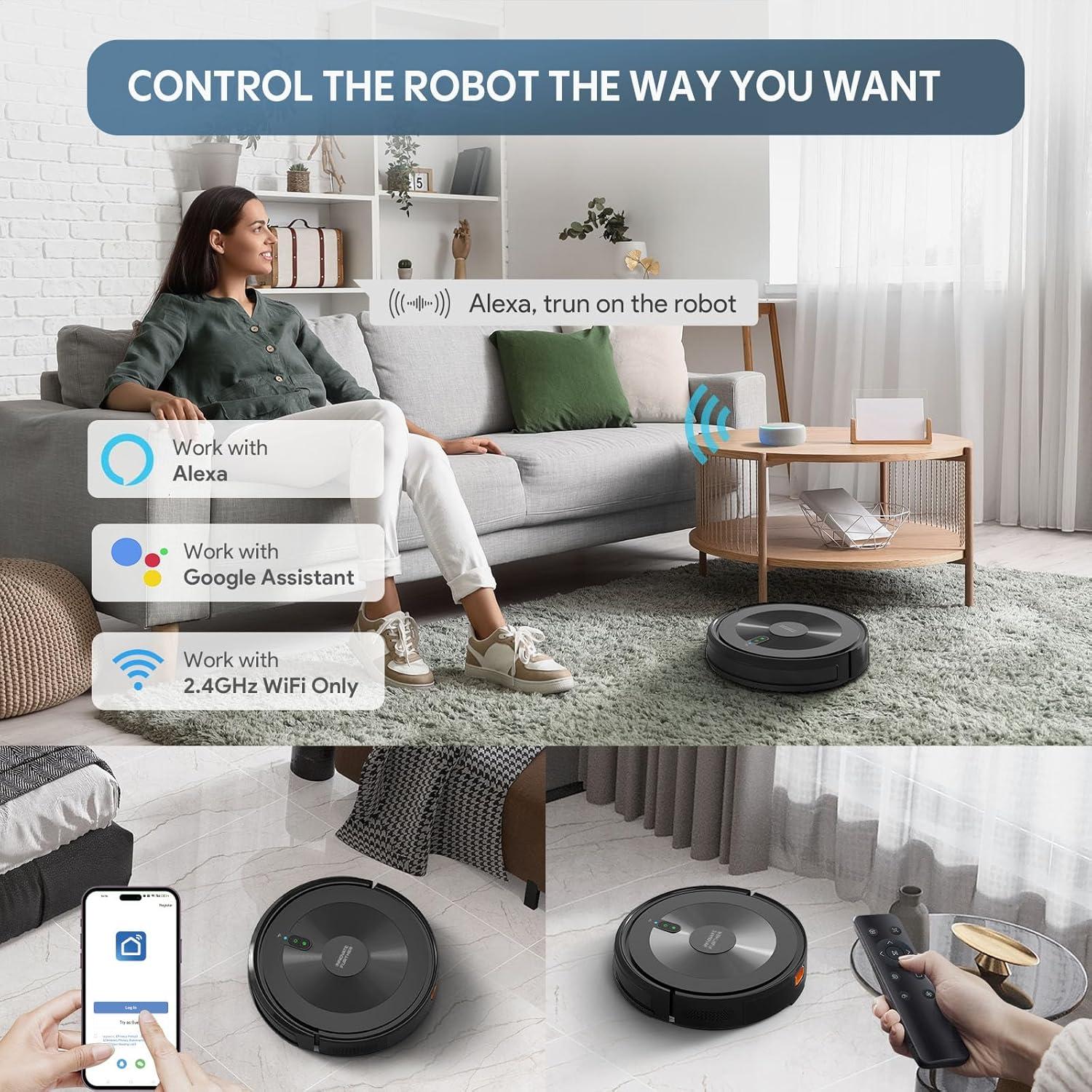 Robot Vacuum and Mop Combo: 2500Pa Suction Robotic Vacuums & Alexa/APP/Remote Control & Schedule Cleaning & Self-Charging, Slim Robot Vacuum Cleaner for Home Hard Floor, Low-Pile Carpet, Pet Hair