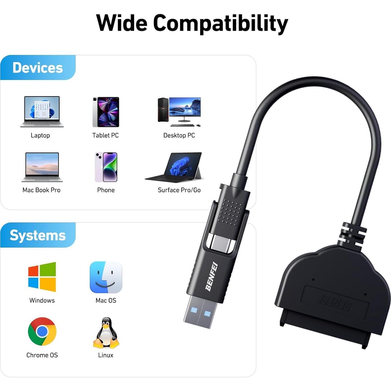 Cable SATA a USB 3.0 BENFEI para HDD y SSD 2.5"