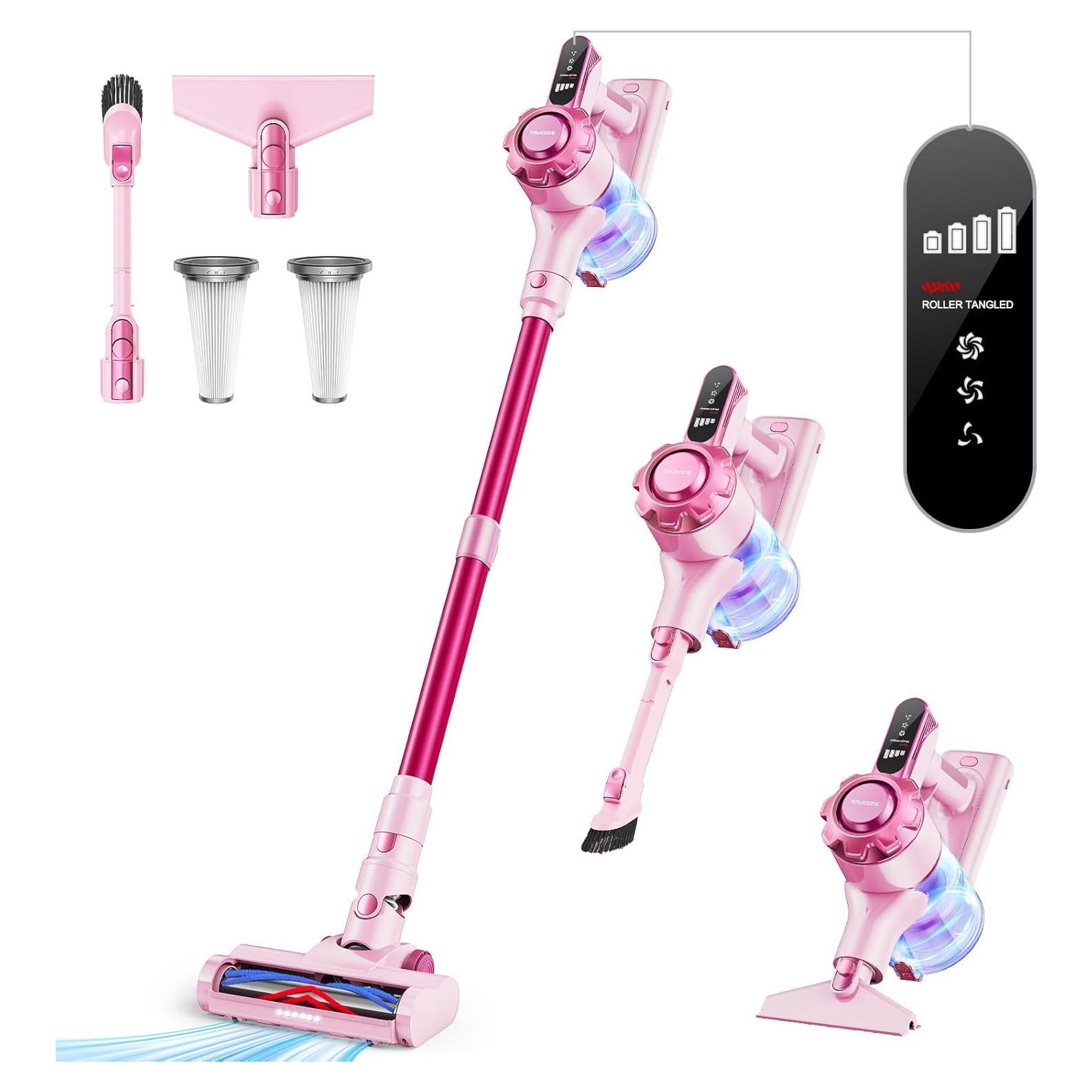 Cordless Vacuum Cleaner, 8-in-1 Lightweight Stick Vacuum with 45mins Runtime, Powerful Suction, Rechargeable Cordless Vacuum for Carpet, Tile, Pet Hair, Hardwood Floors, Pink