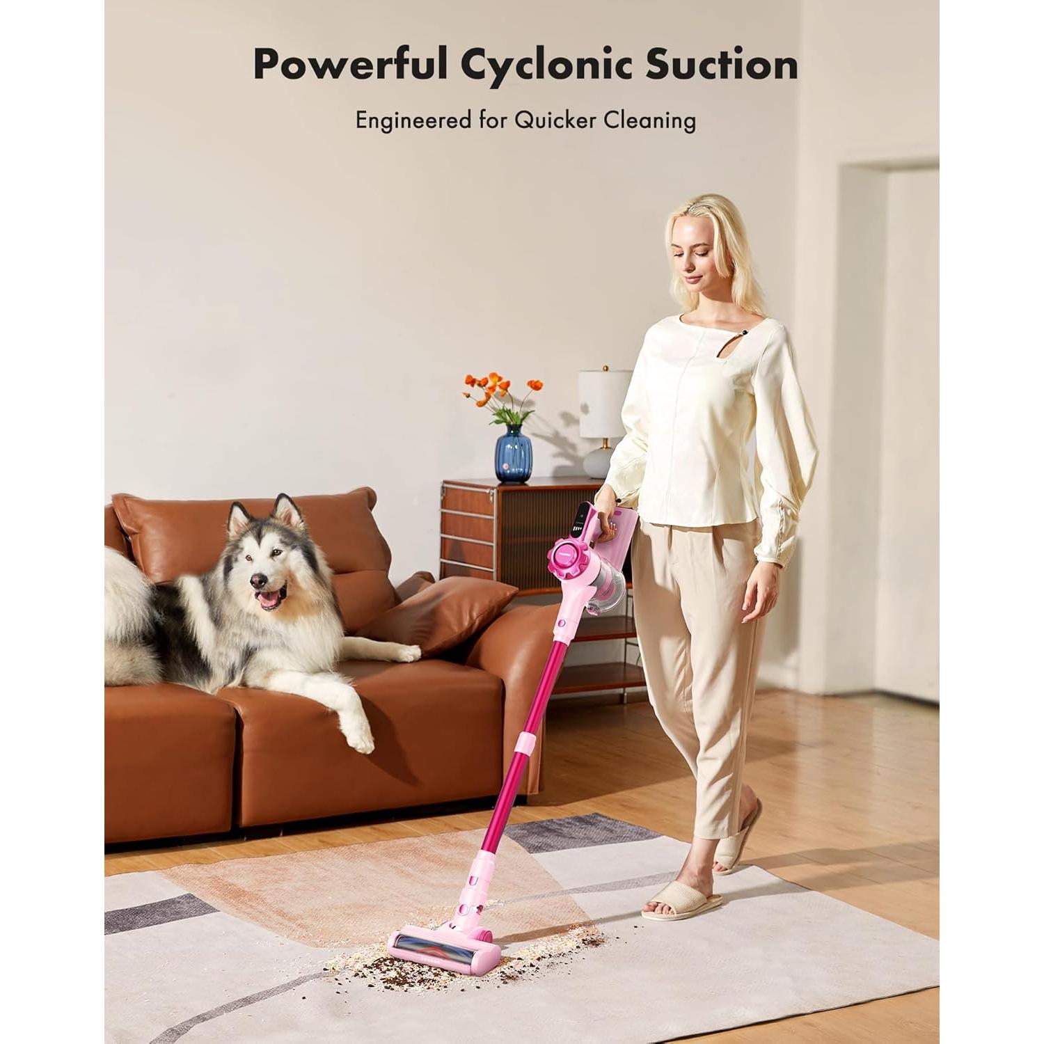 Cordless Vacuum Cleaner, 8-in-1 Lightweight Stick Vacuum with 45mins Runtime, Powerful Suction, Rechargeable Cordless Vacuum for Carpet, Tile, Pet Hair, Hardwood Floors, Pink