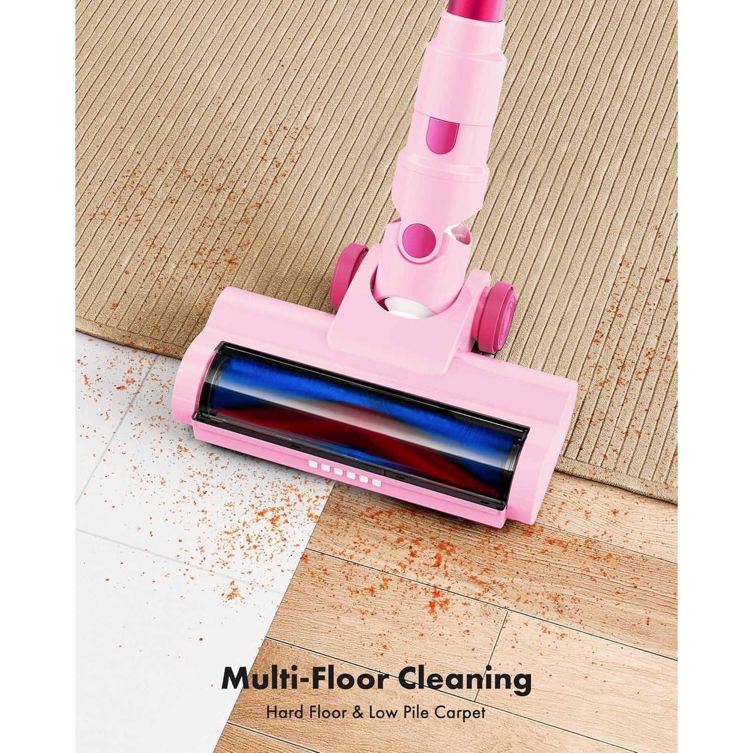 Cordless Vacuum Cleaner, 8-in-1 Lightweight Stick Vacuum with 45mins Runtime, Powerful Suction, Rechargeable Cordless Vacuum for Carpet, Tile, Pet Hair, Hardwood Floors, Pink