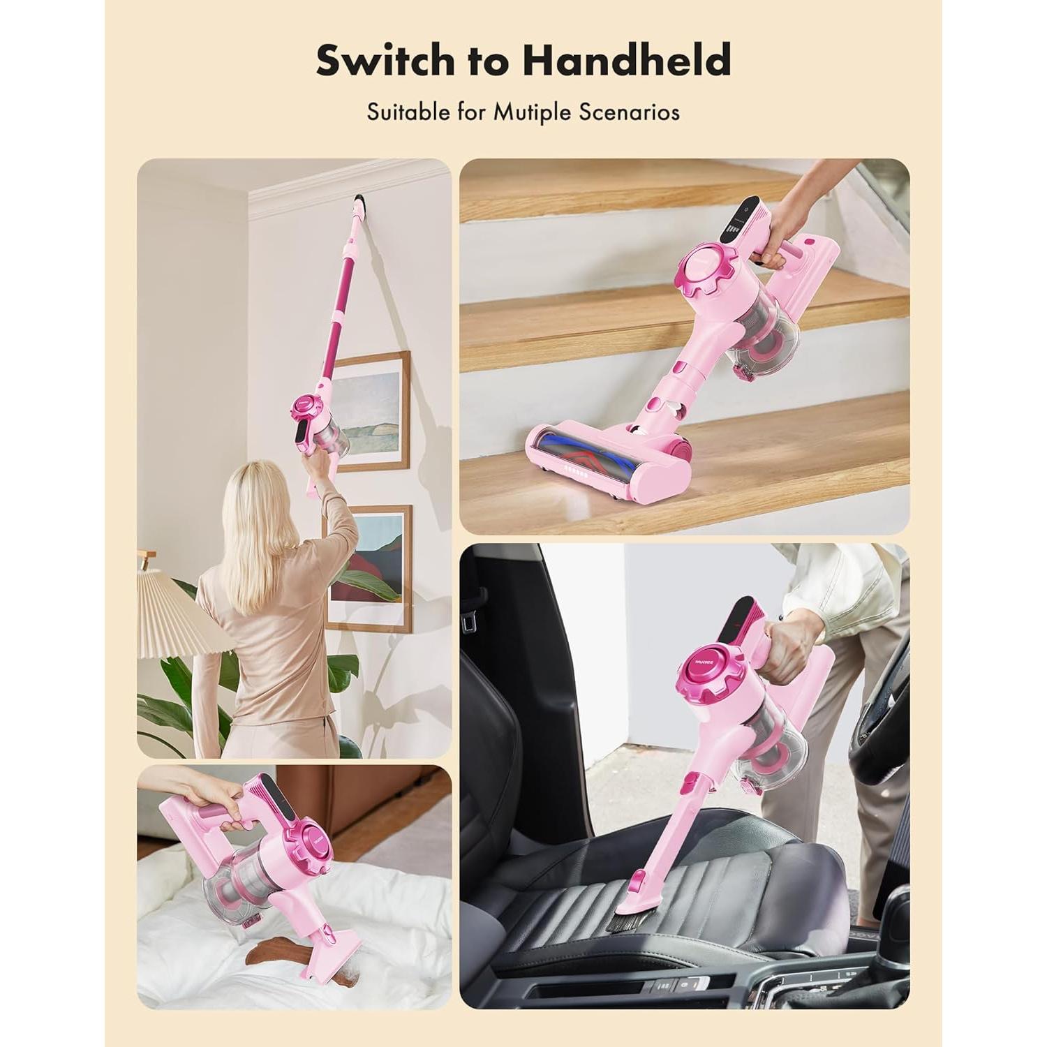 Cordless Vacuum Cleaner, 8-in-1 Lightweight Stick Vacuum with 45mins Runtime, Powerful Suction, Rechargeable Cordless Vacuum for Carpet, Tile, Pet Hair, Hardwood Floors, Pink