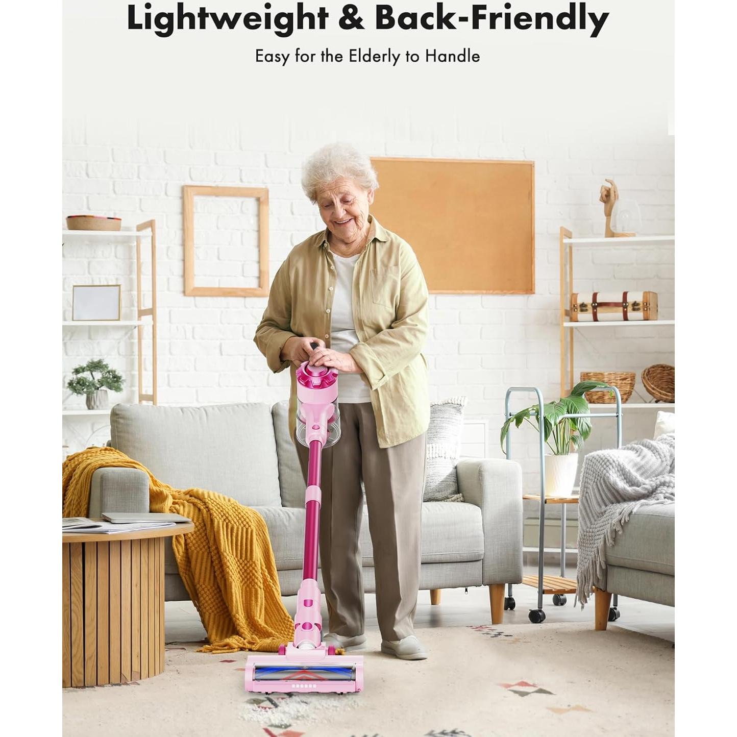 Cordless Vacuum Cleaner, 8-in-1 Lightweight Stick Vacuum with 45mins Runtime, Powerful Suction, Rechargeable Cordless Vacuum for Carpet, Tile, Pet Hair, Hardwood Floors, Pink