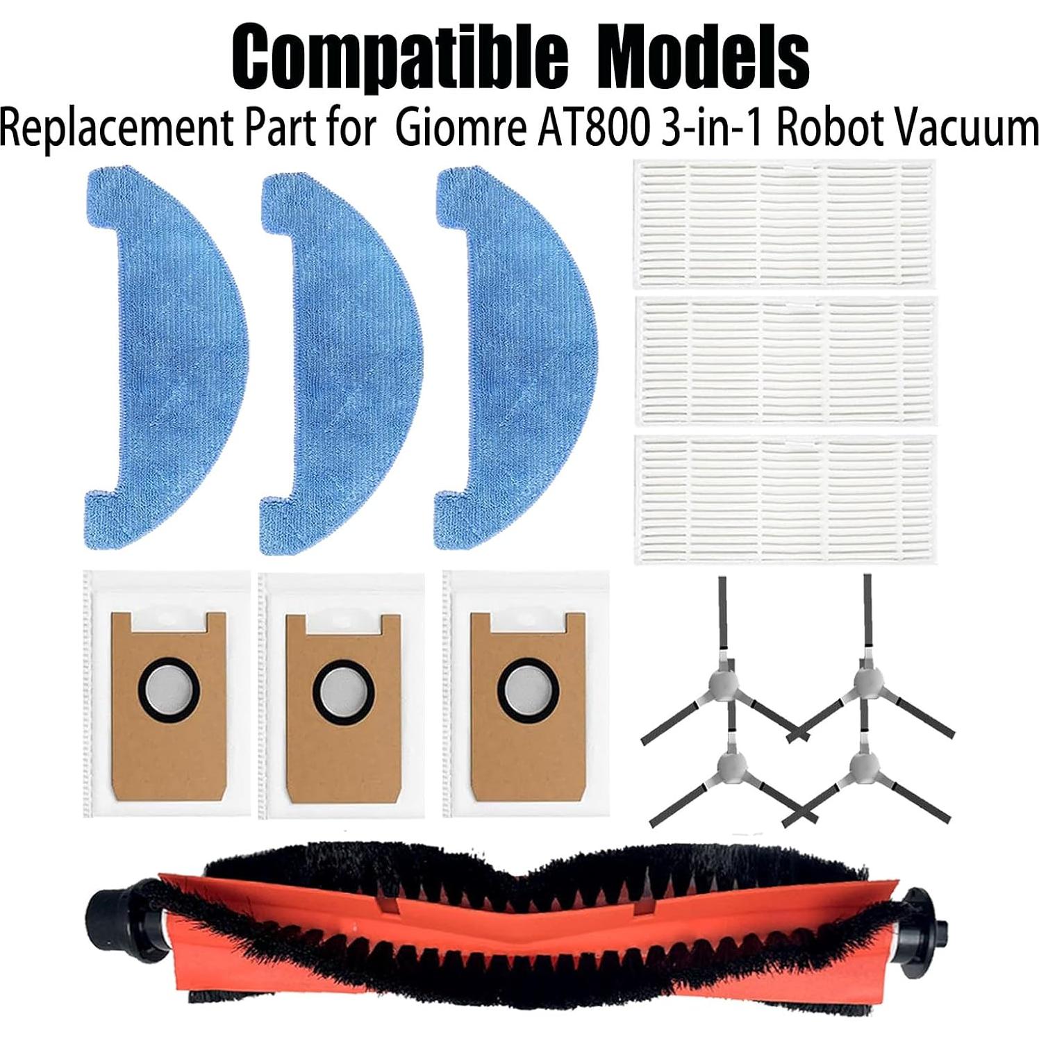Accesorios de Repuesto para Aspiradora Robot Giomre/Loorow AT800 - 1 Cepillo Principal, 4 Laterales, 3 Filtros HEPA, 3 Paños, 3 Bolsas