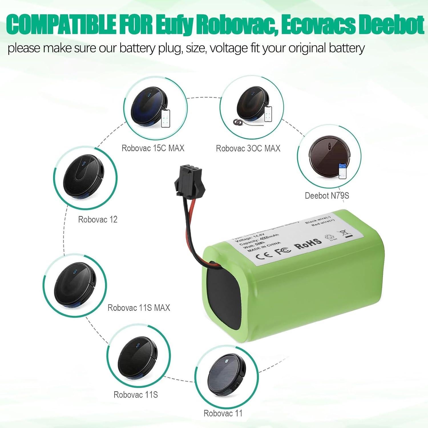Upgraded 4000mAh N79 14.4V Battery for Eufy RoboVac 11 11S 30 15C 25C 35C Robot Vacuum Cleaner for Ecovacs Deebot N79 N79S Deebot 500 600 DN622, Goovi F007C D380 Robot Vacuum Cleaner Battery