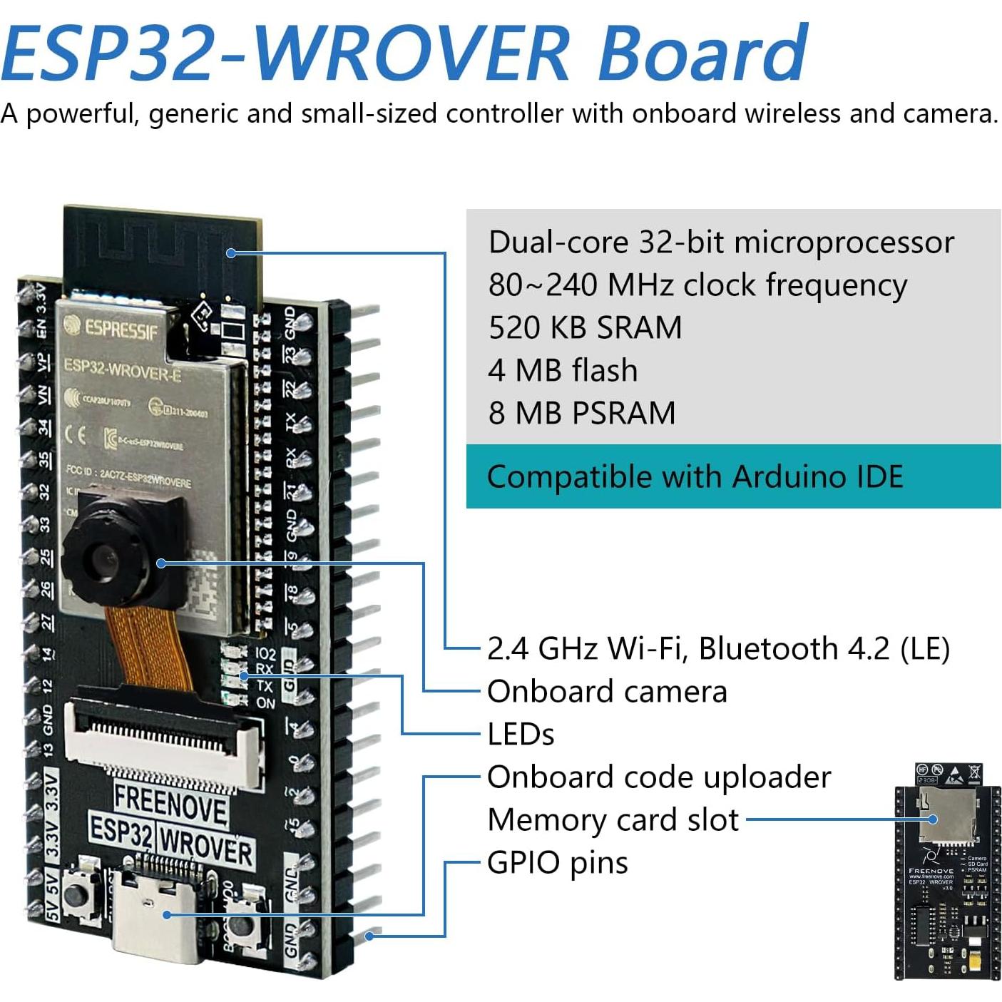 Kit de Inicio Freenove ESP32-WROVER CAM - 141 Artículos, 58 Proyectos
