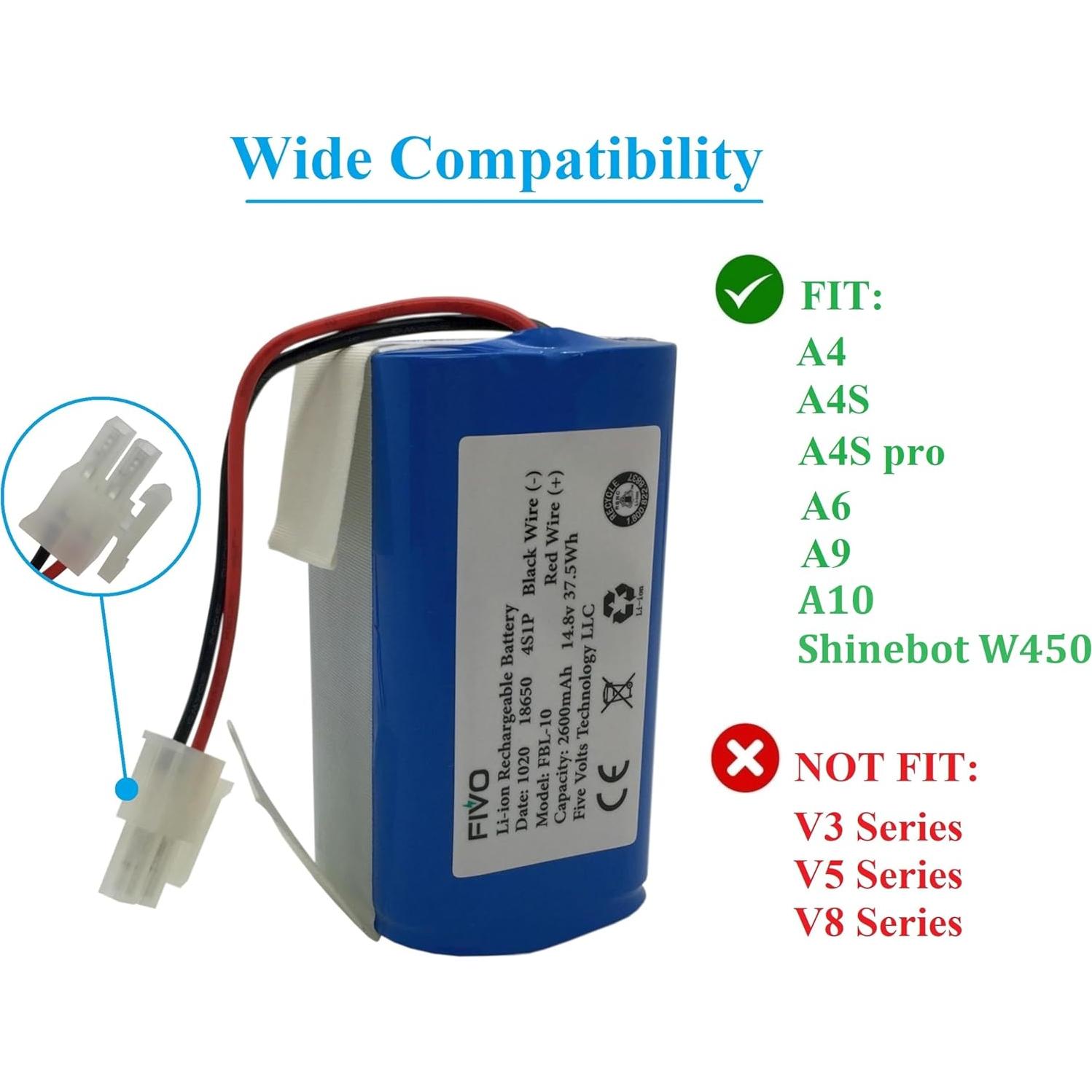 FIVO Replacement Battery for ILIFE A4S, A4S pro, A6, A7, A9, A10, V3x, V7s Plus, W450 Robot Vacuum Cleaners, 14.4V/14.8V 2600mAh