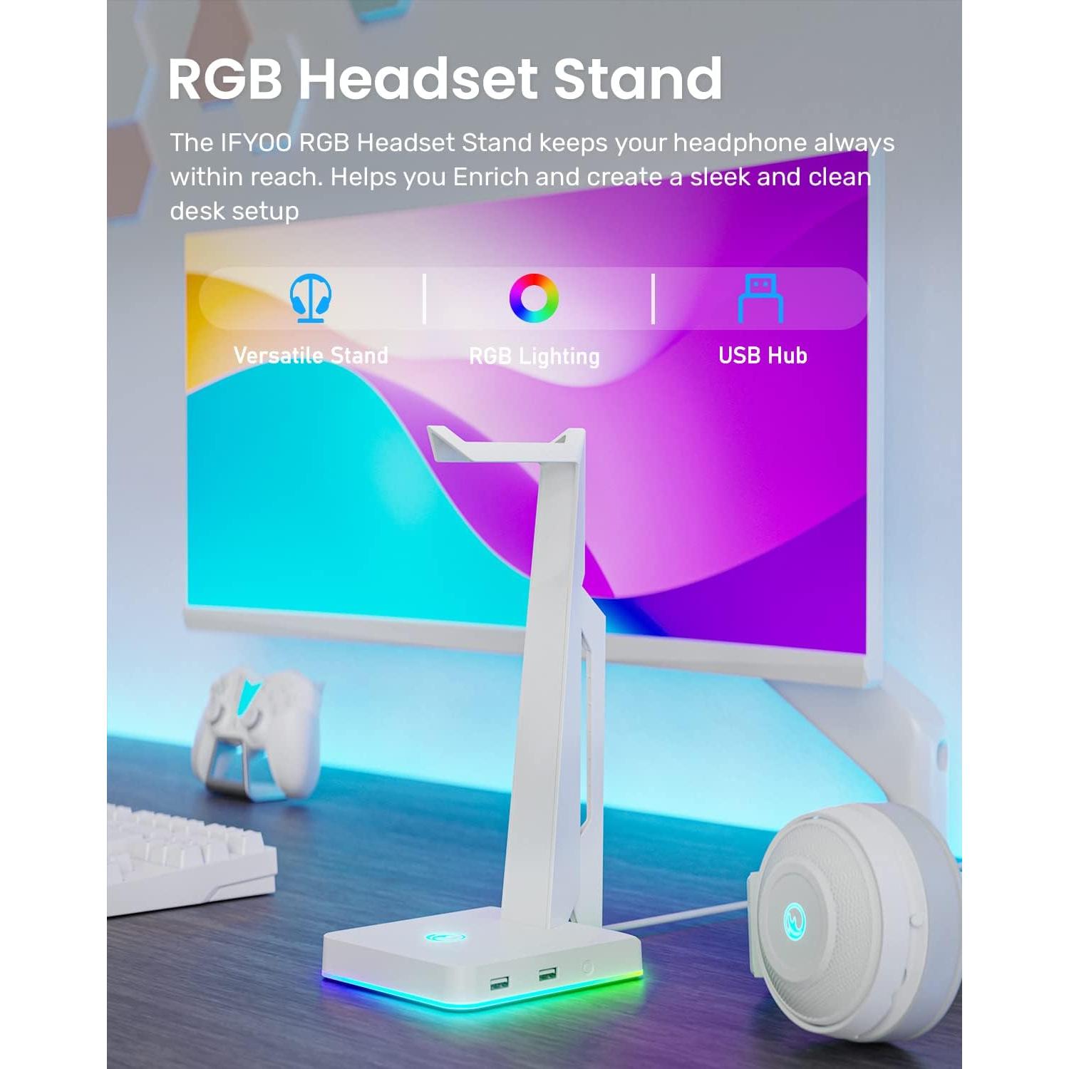 Soporte para Auriculares IFYOO HS-X1 RGB con 2 USB Blanco