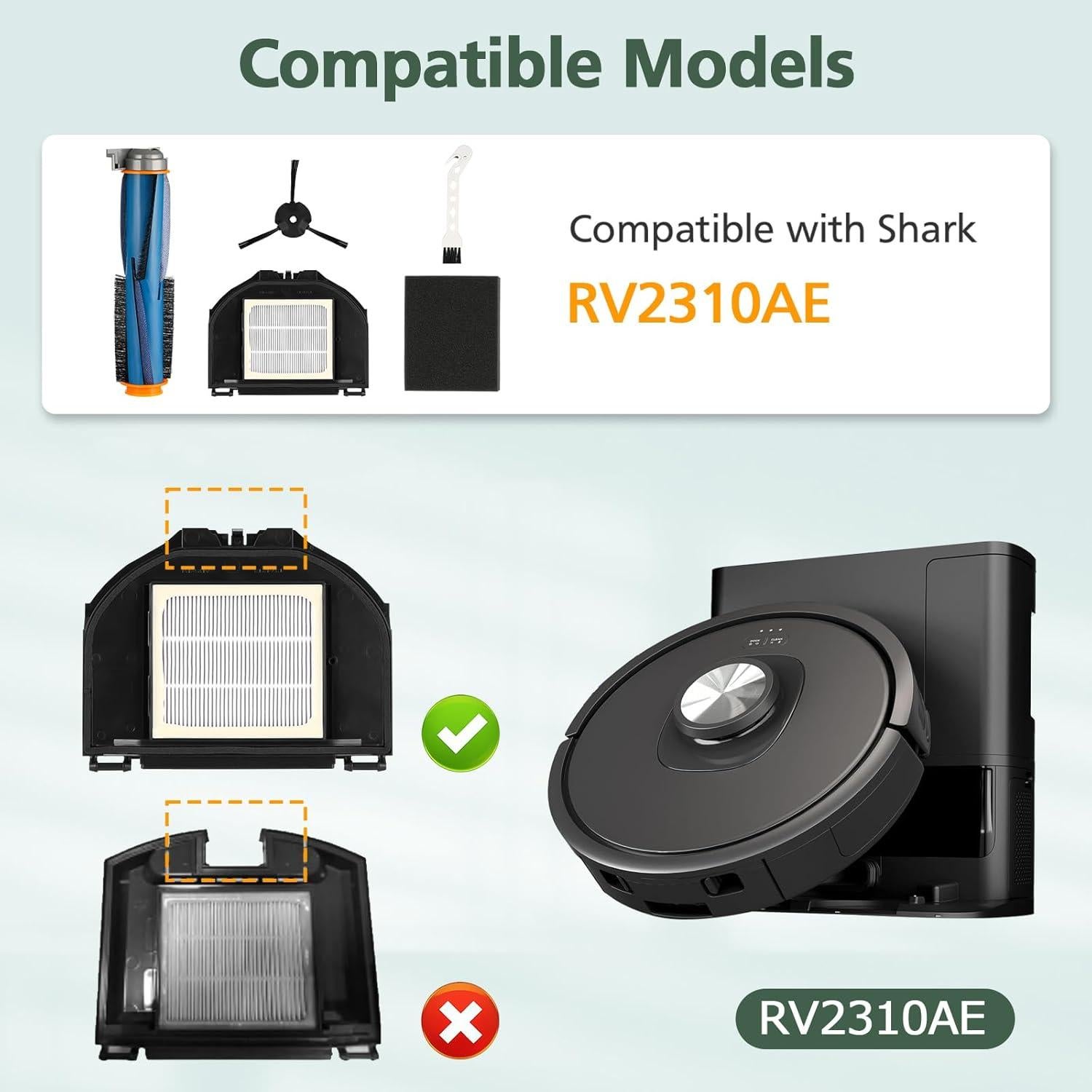 Vacuum Replacement Parts Compatible With Shark RV2310AE AV2310AE RV2310AE RV2320S UR2350AE RV2300S Matrix Robot Vacuum Cleaner, 1 Brush, 2 HEPA Filter, 4 Side Brush, 1 Sponge Filter(Not For RV2310)