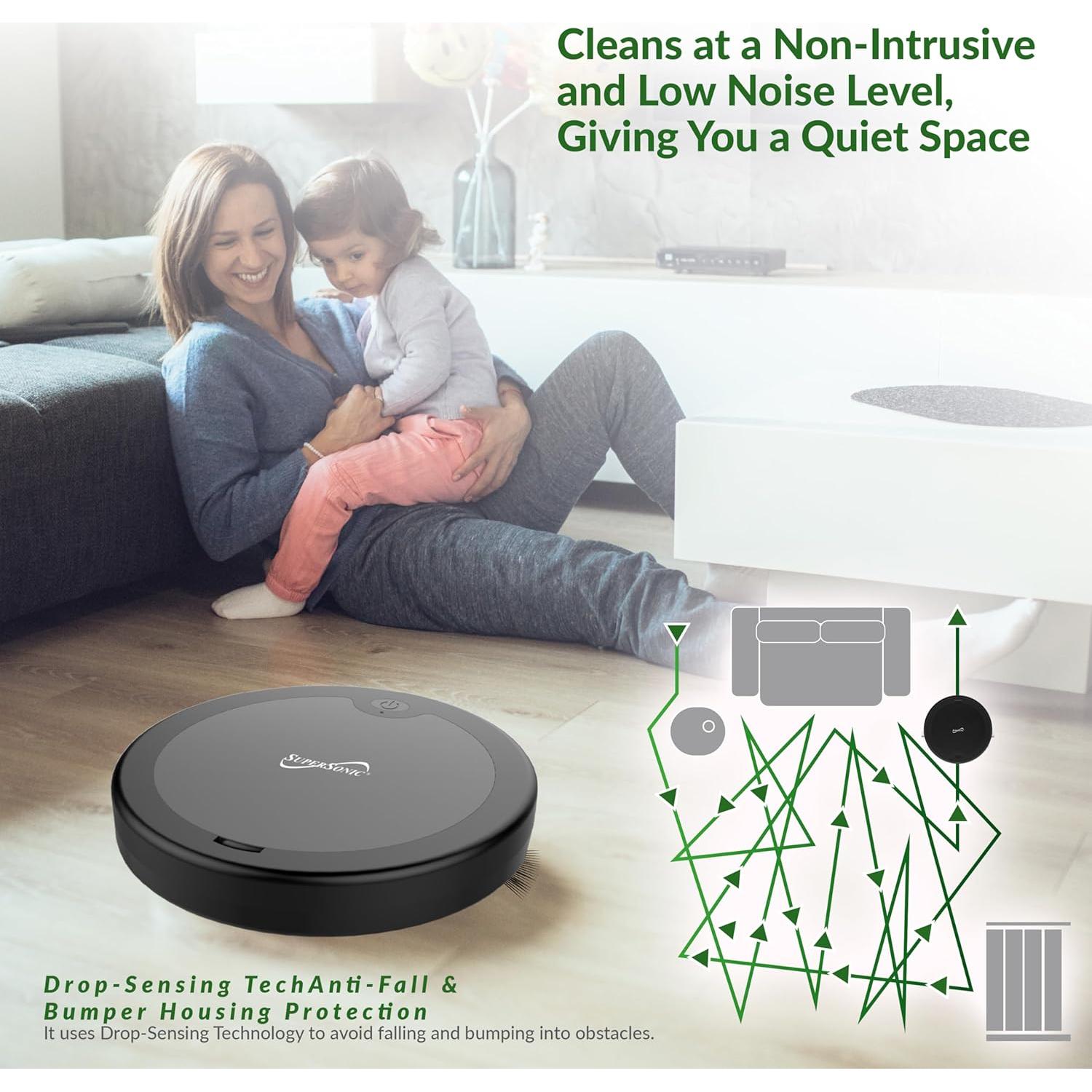 Supersonic SC-820SV Robot Vacuum & Dry Mop, Quiet Clean, Low-Profile Design, 120 Minutes Cleaning Time, Drop-Sensing Technology, 420ML Dust Bin, Brushless Motor, Fast Charging