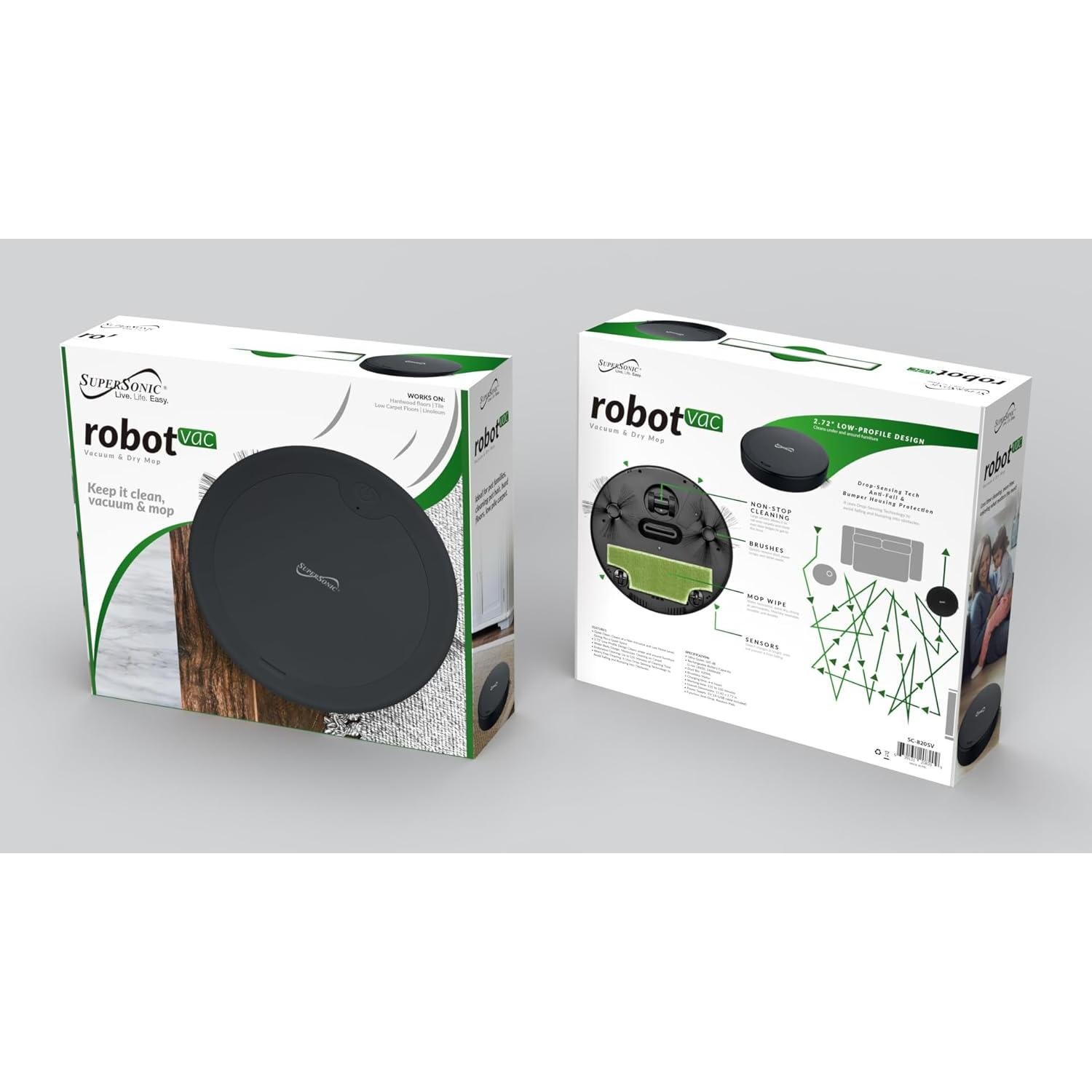 Supersonic SC-820SV Robot Vacuum & Dry Mop, Quiet Clean, Low-Profile Design, 120 Minutes Cleaning Time, Drop-Sensing Technology, 420ML Dust Bin, Brushless Motor, Fast Charging