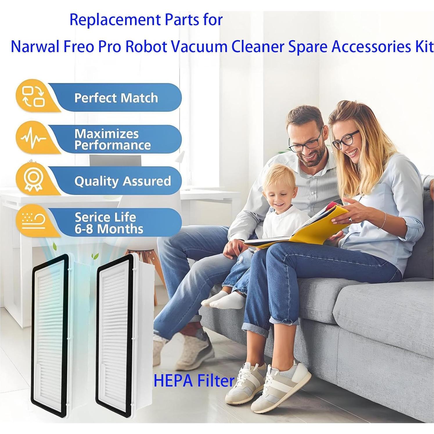 Kit de Accesorios para Aspiradora Robot Narwal Freo Pro - 1 Cepillo Principal, 4 Paños de Mopa, 4 Cepillos Laterales, 2 Filtros Hepa, 2 Bolsas de Polvo