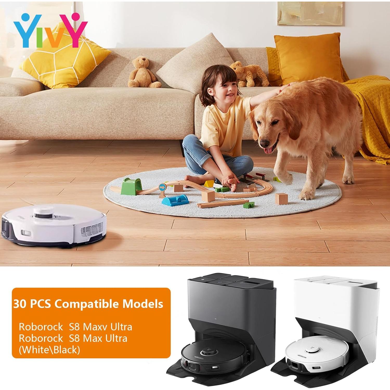 Yivy 30PCS Replacement Parts for Roborock S8 Maxv Ultra /S8 Max Ultra Vacuum Cleaner : 2 Main Brushes, 6 Side Brushes, 4 HEPA Filters, 4+4 Wipes, 6 Dust Bags(Note: NOT FITS for S8 Pro Ultra)