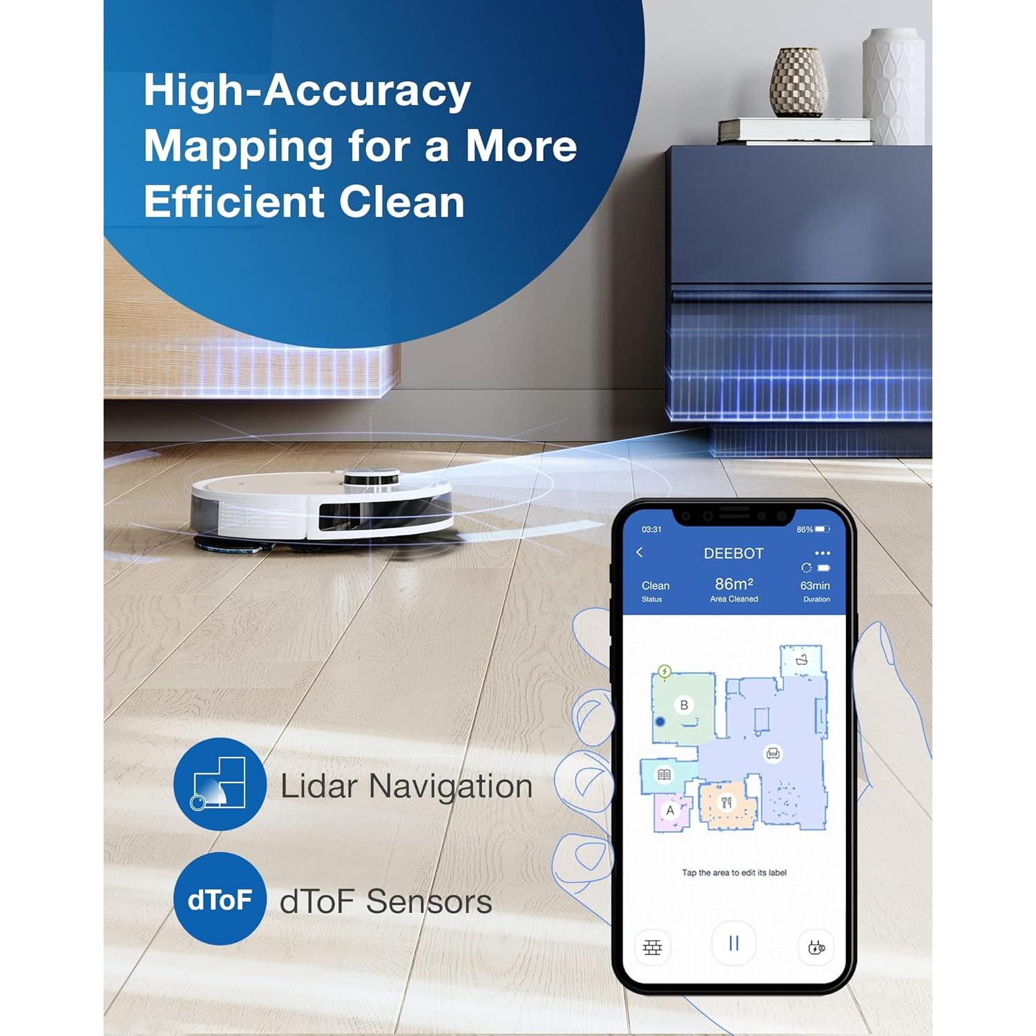 ECOVACS DEEBOT N10 PLUS Robot Vacuum and Mop Combo with Auto-Empty Station, Hands-Free Cleaning for 60 Days, 3800Pa Suction, 330mins Max Run-time, Precision Mapping with Lidar & dToF Sensors, White