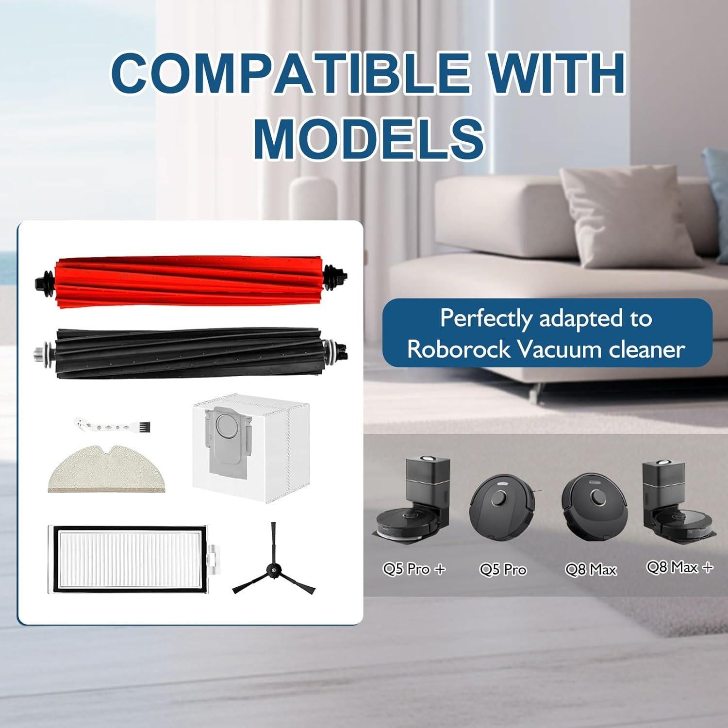 Repuestos Roborock Q8 Max+ / Q5 Pro - 1 Cepillo Principal, 2 Filtros HEPA, 4 Cepillos Laterales