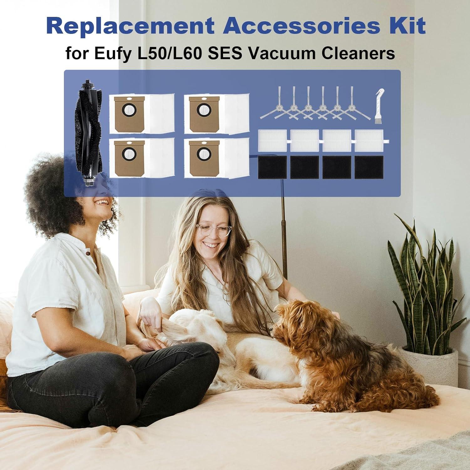 L60 SES Replacement Parts Kits Compatible with L60 SES/ L60/ L60 Hybrid/ L50/ L50 SES Series Robot Vacuum Cleaner,1 Roller Brush,4 Dust Bags,4 Filters,6 Side Brushes,16 PACK