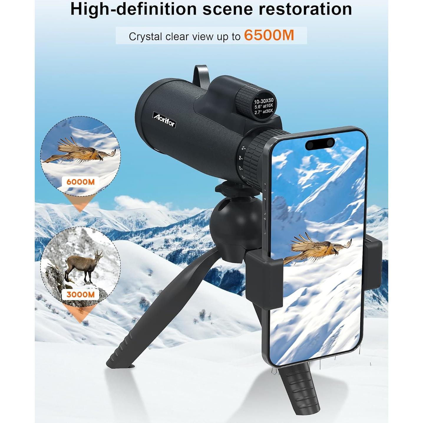 Monocular EpicSeren 10-30x50 con trípode y soporte