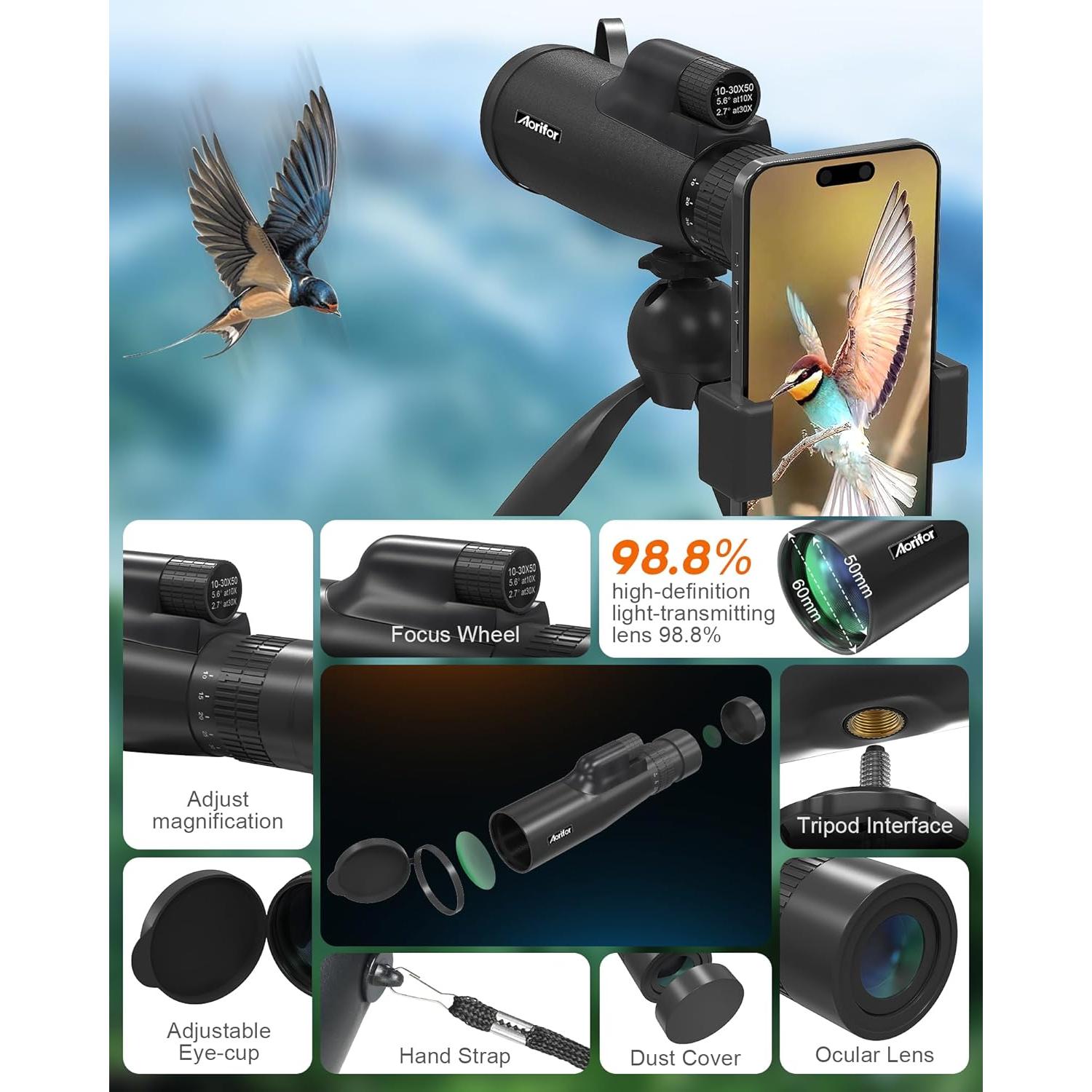 Monocular EpicSeren 10-30x50 con trípode y soporte