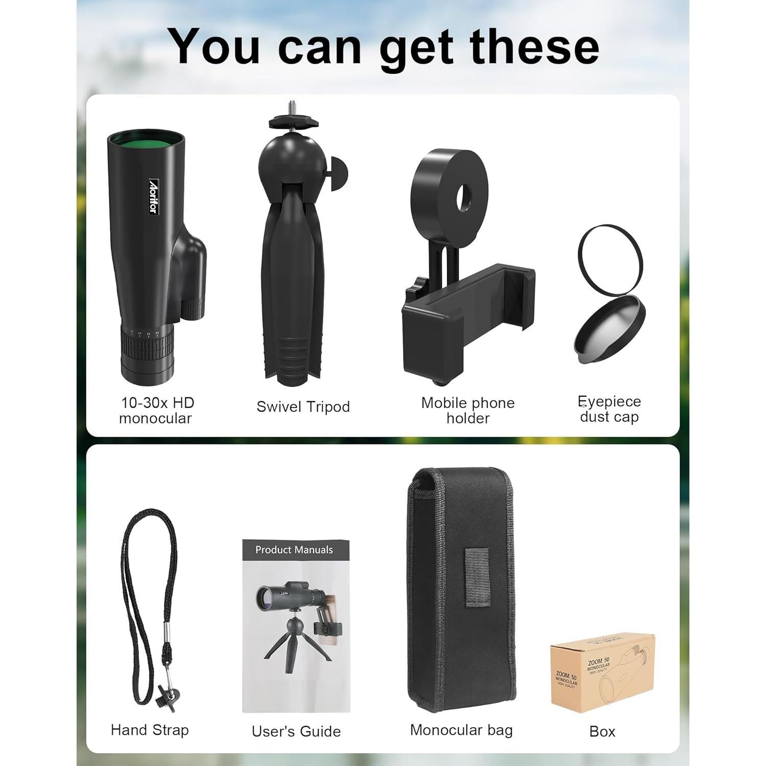 Monocular EpicSeren 10-30x50 con trípode y soporte