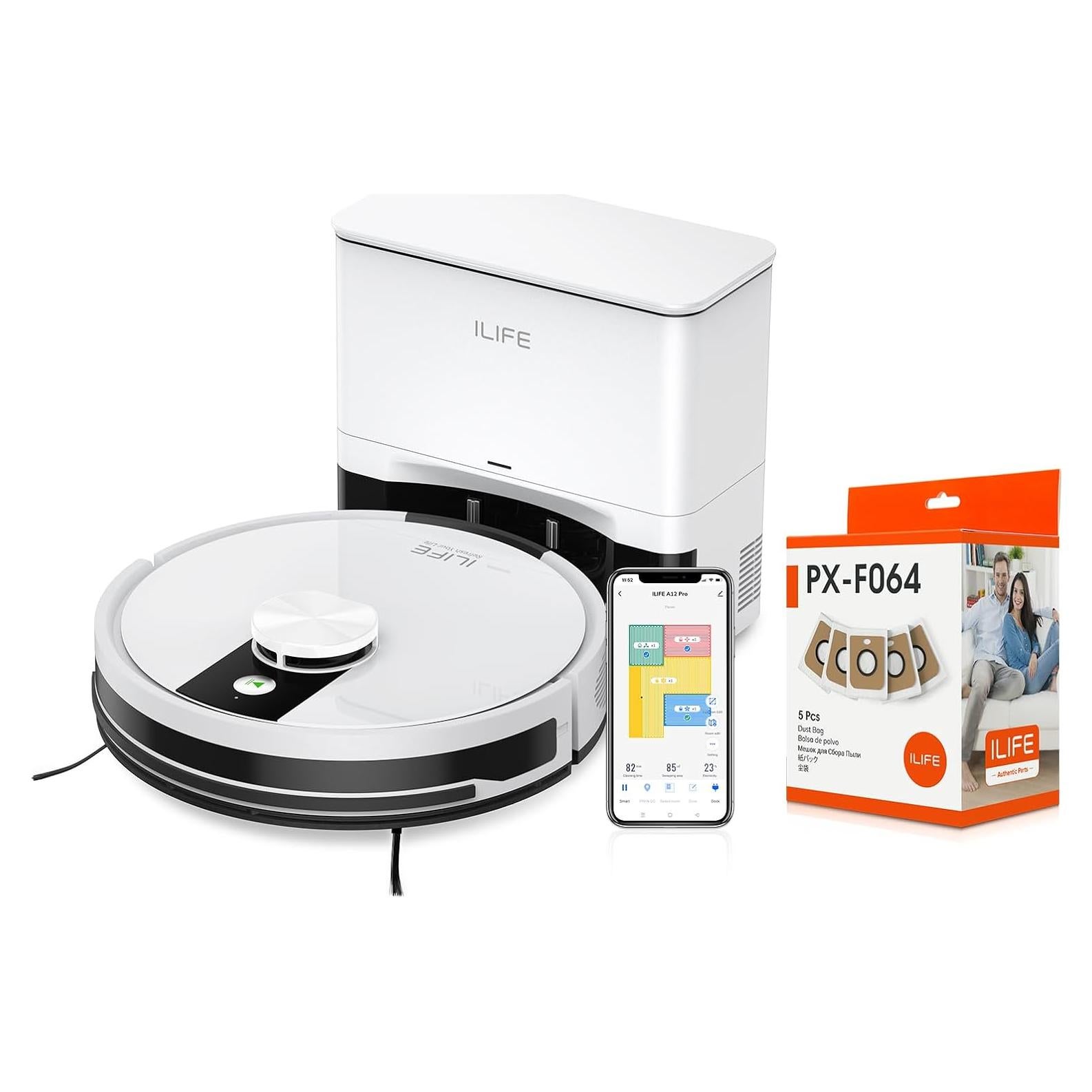 ILIFE A12 Pro Robot Vacuum and Mop Combo, Self Emptying Robot Vacuum Cleaner + A12 Pro Replacement Dust Bags, 5 Pack Included